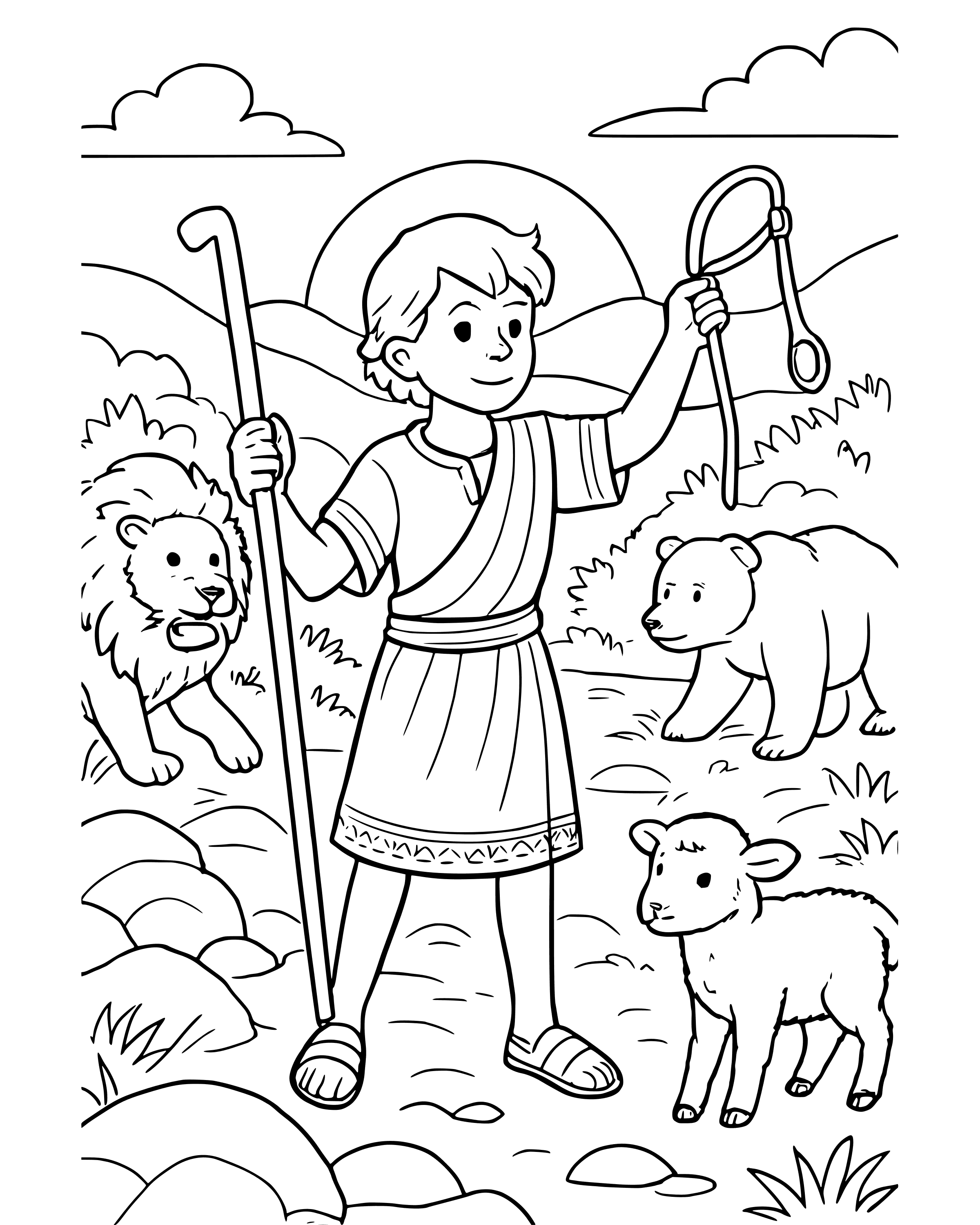 Detailed David Protects His Sheep coloring page