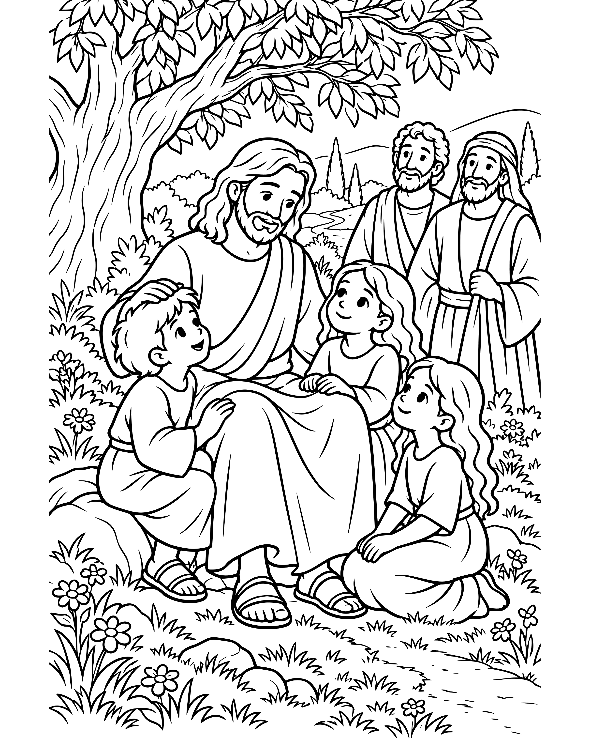 Jesus Blesses the Children, detailed printable coloring page for ages 8–12