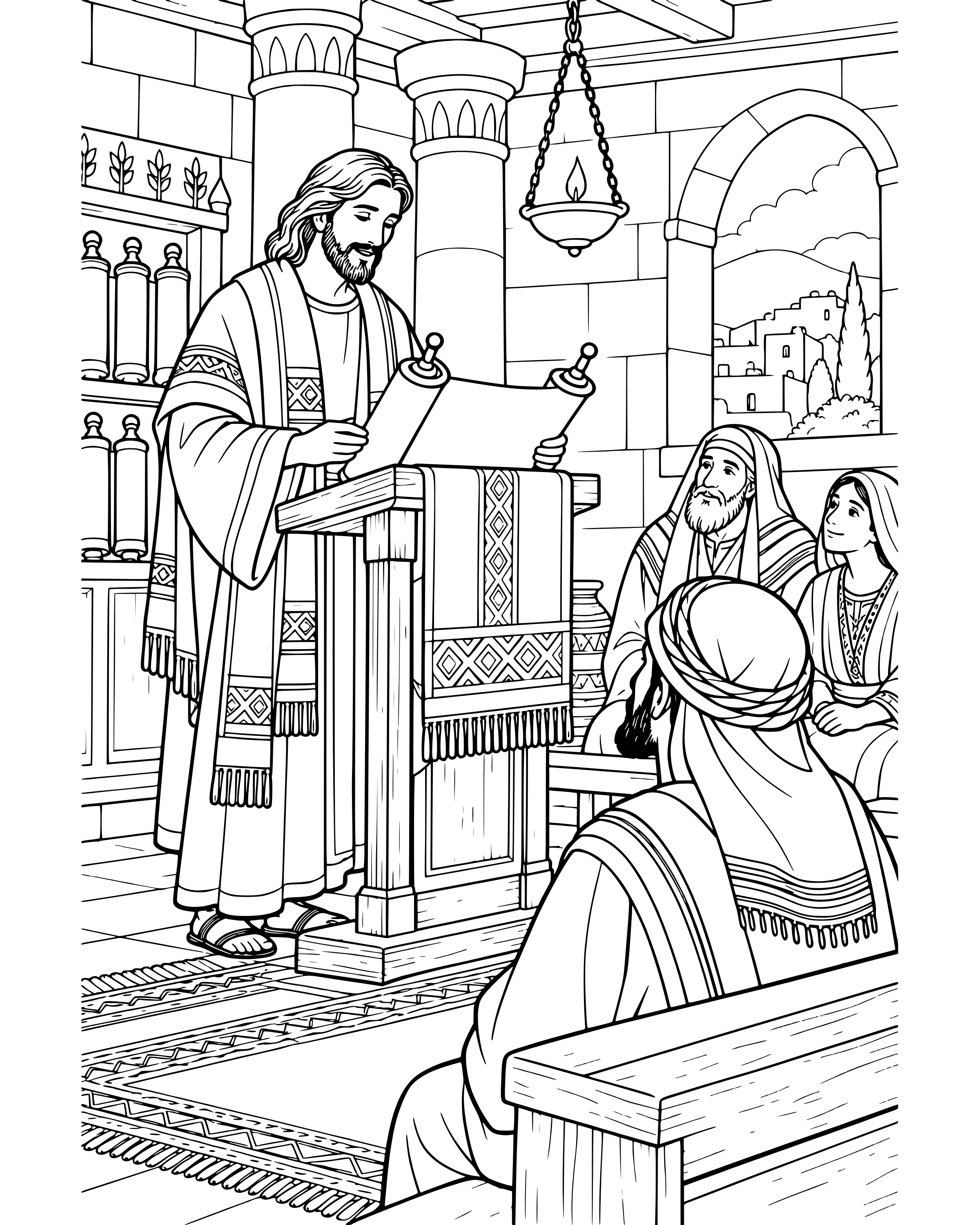 Detailed Jesus Reads in the Synagogue coloring page