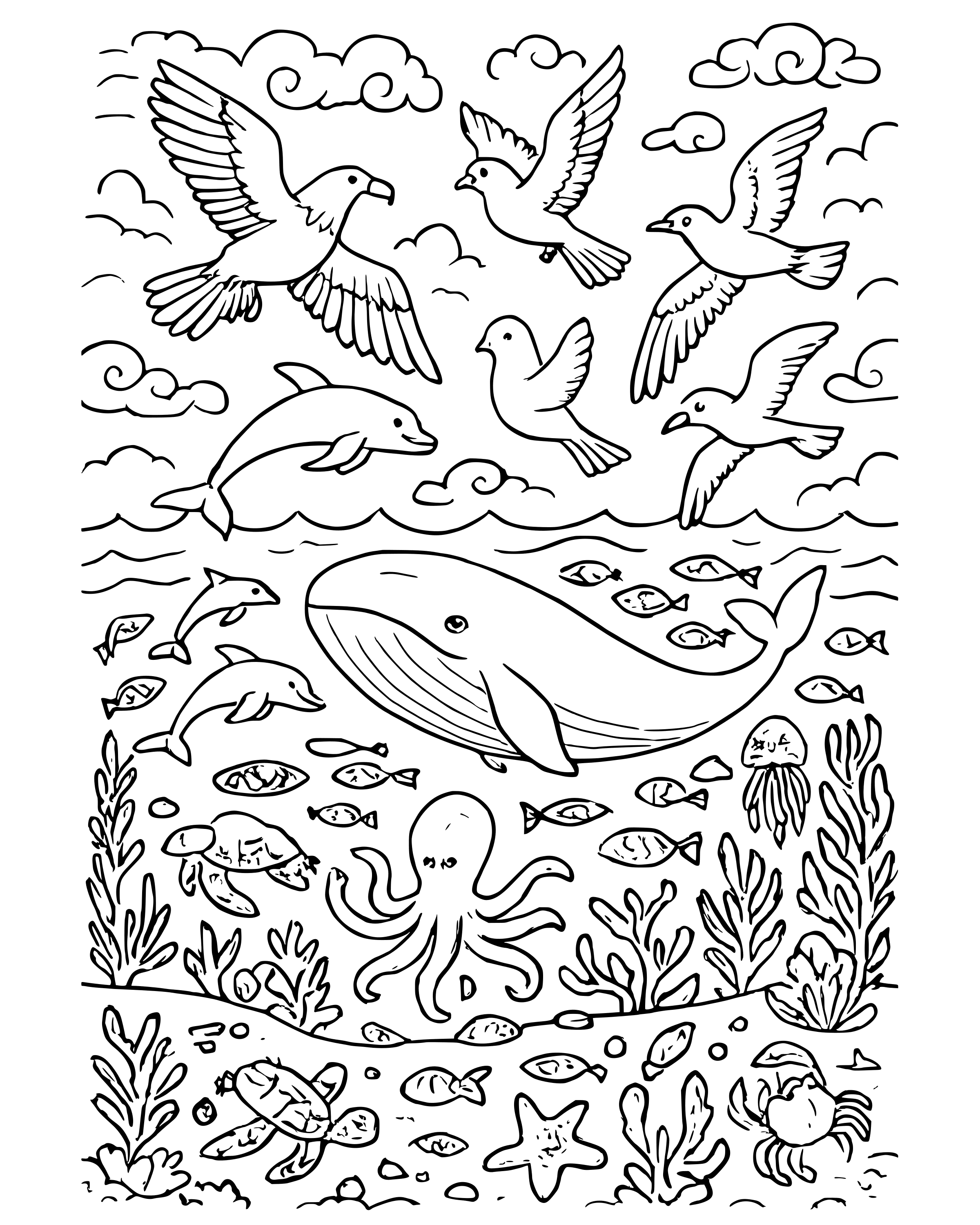 Detailed Day 5: Fish and Birds coloring page