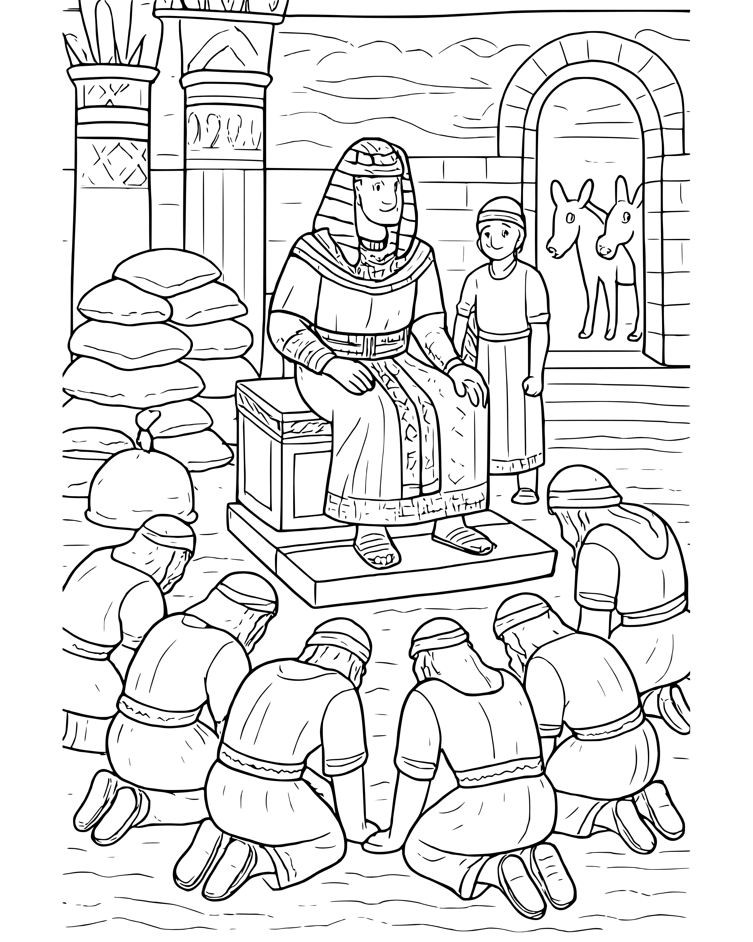 Joseph's Brothers Come to Egypt, detailed printable coloring page for ages 8–12