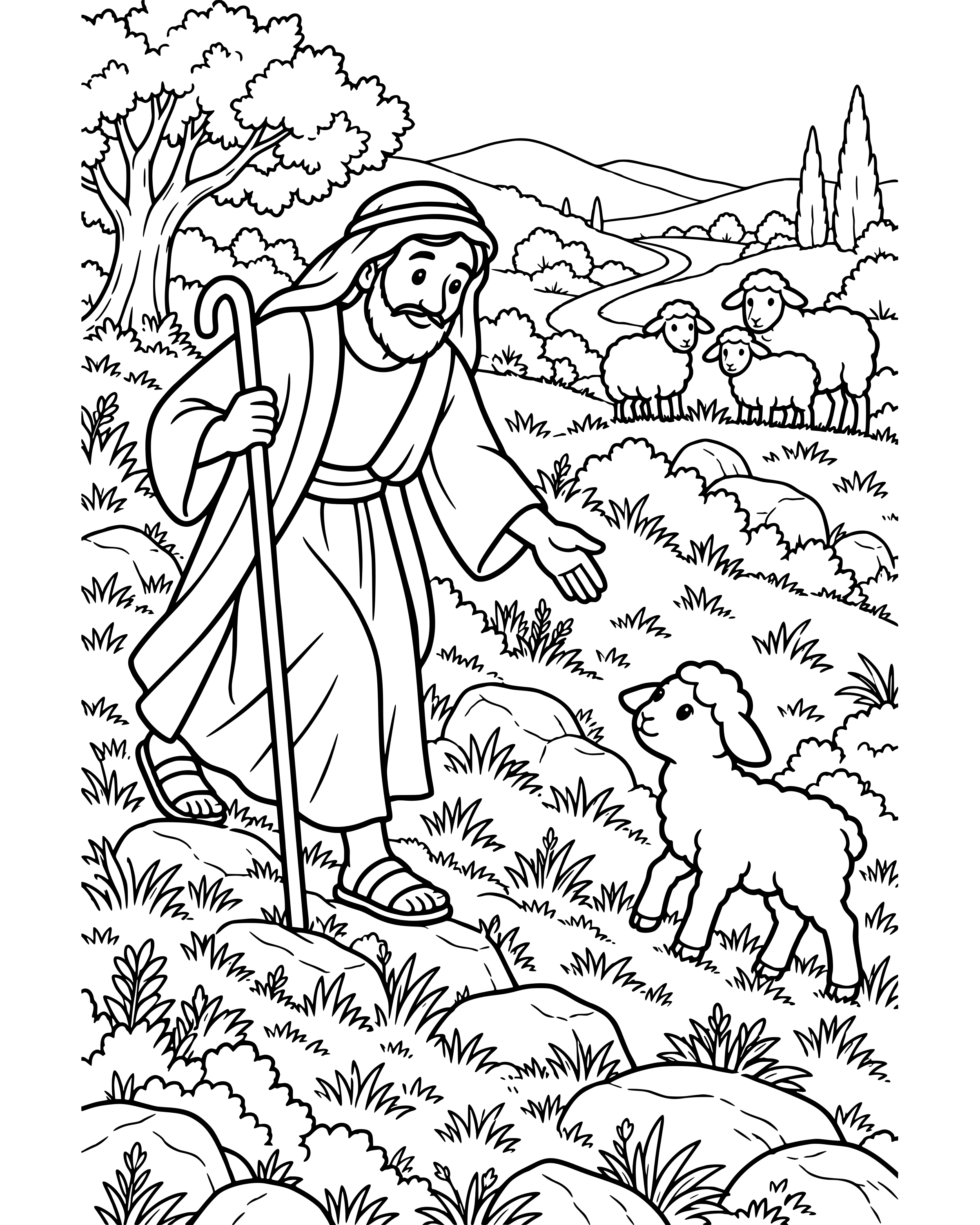 Detailed The Shepherd Searches for the Lost Sheep coloring page
