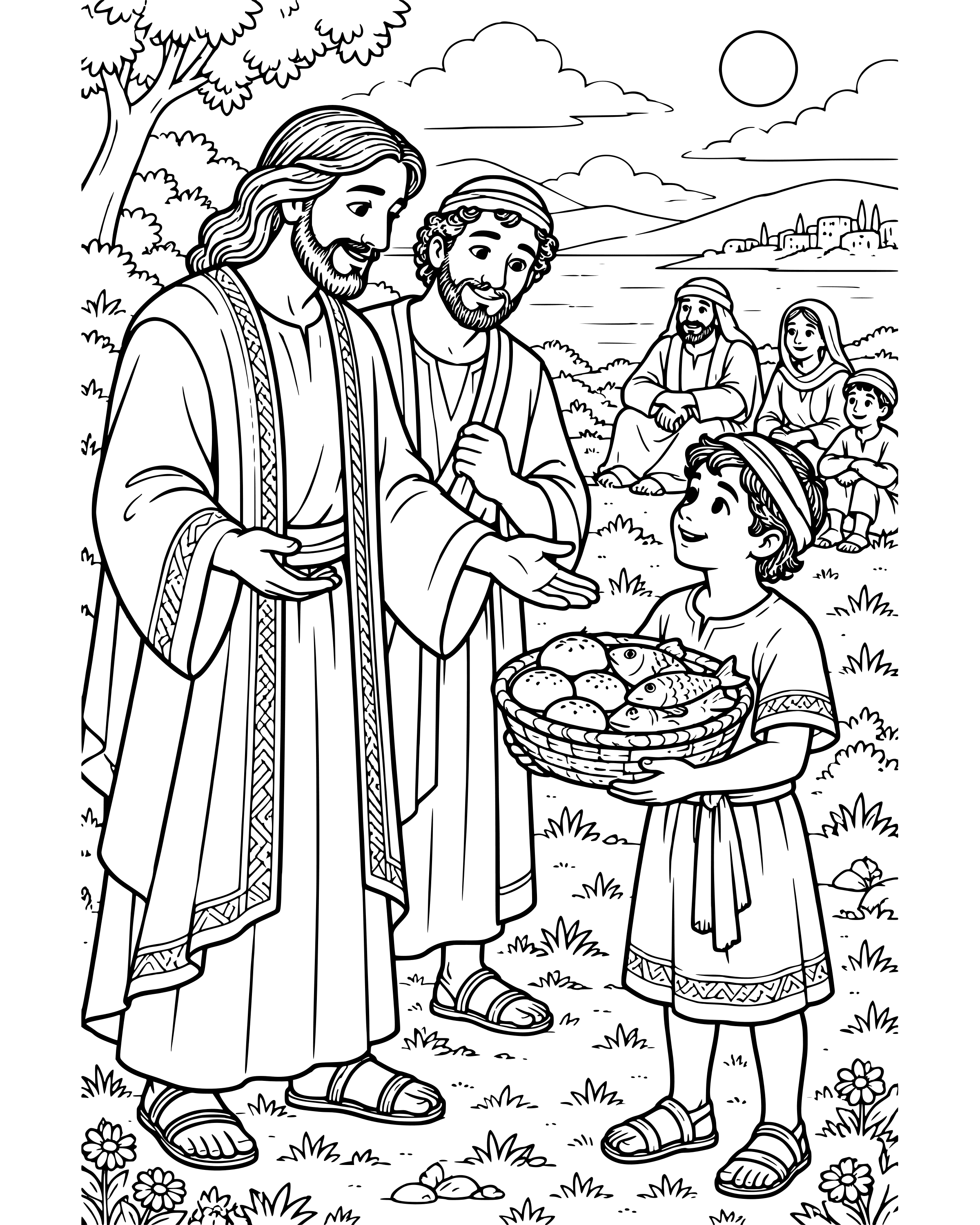 Detailed A Boy Shares His Lunch coloring page