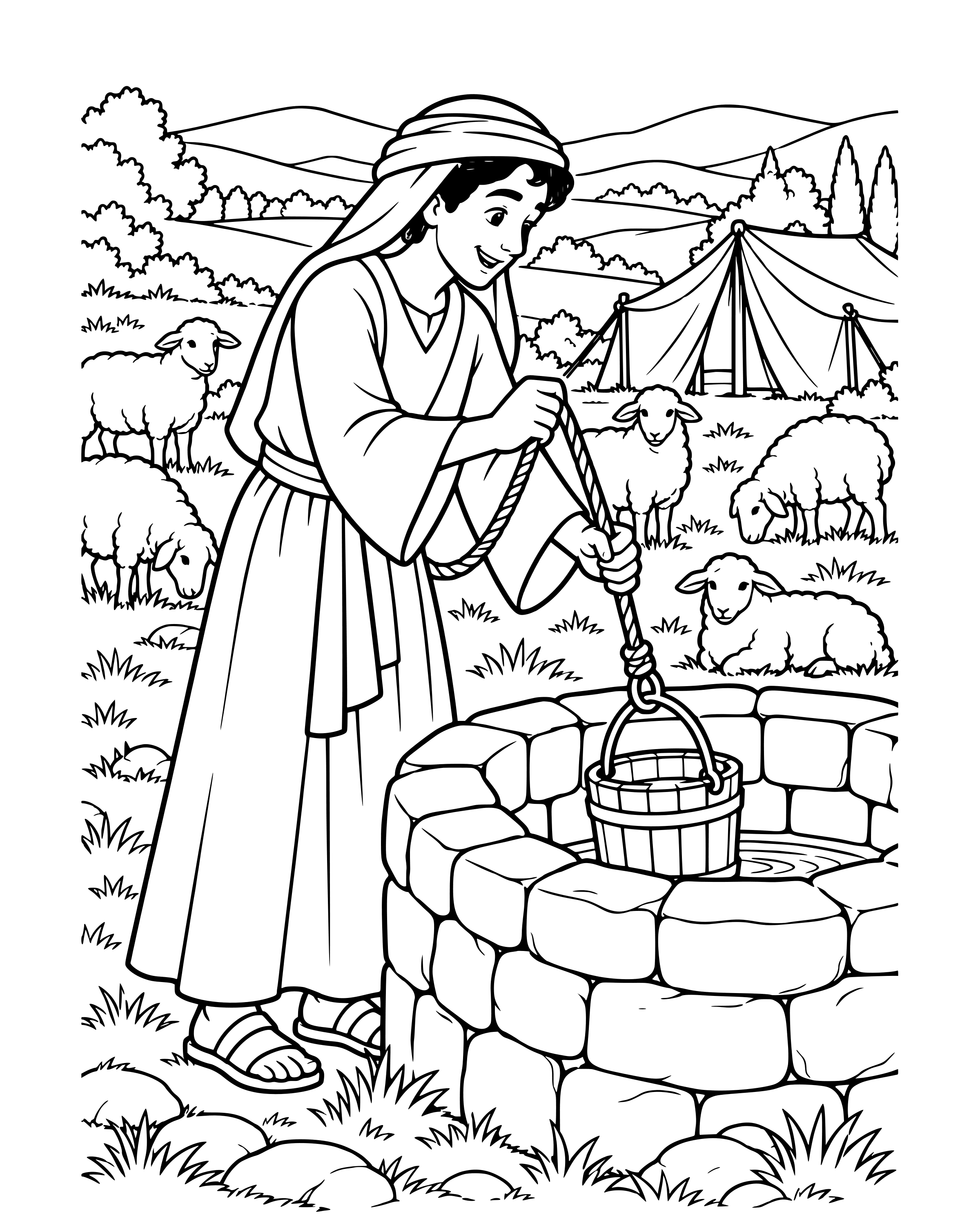 Isaac Digs Wells, detailed printable coloring page for ages 8–12