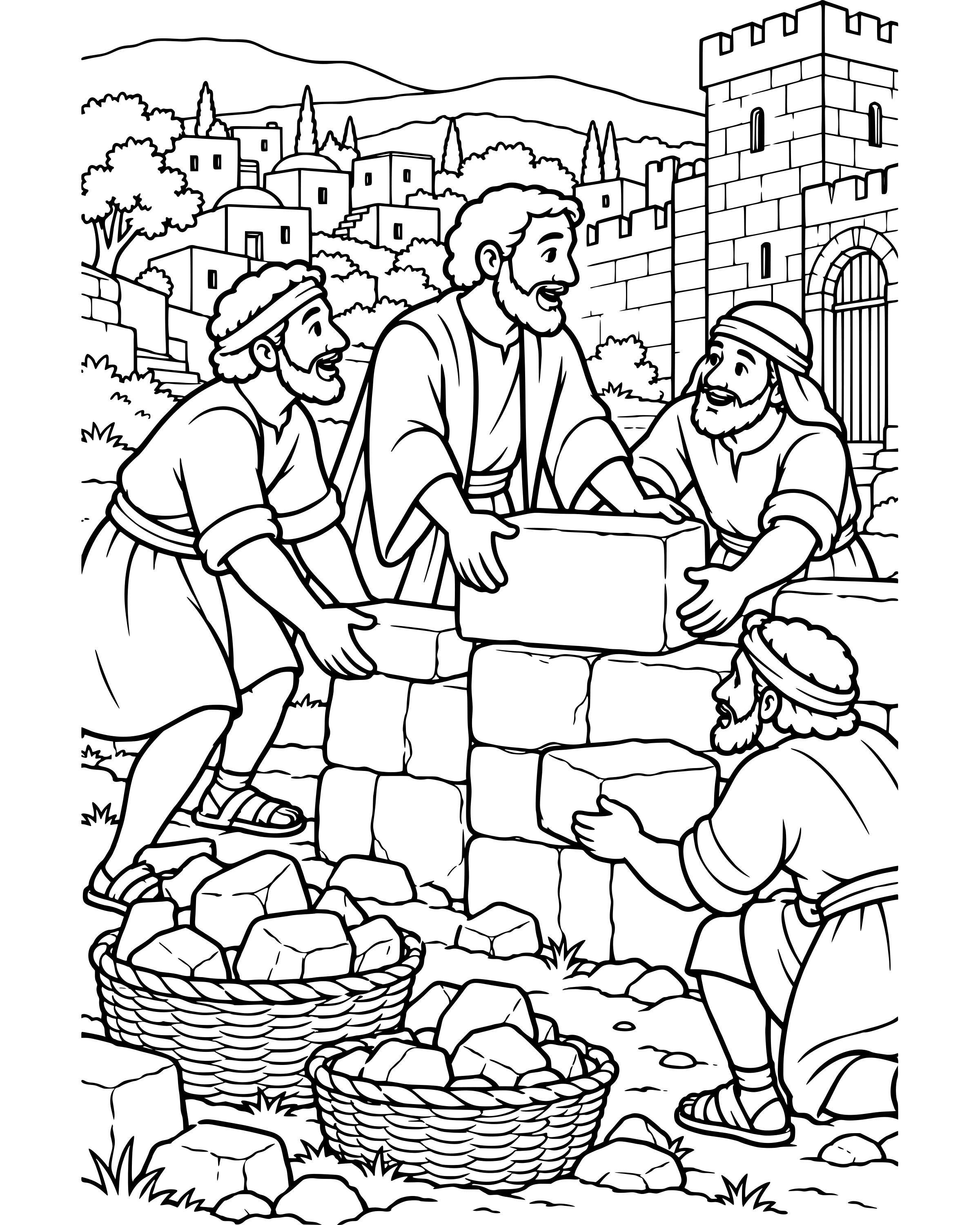 Detailed Rebuilding the Walls of Jerusalem coloring page