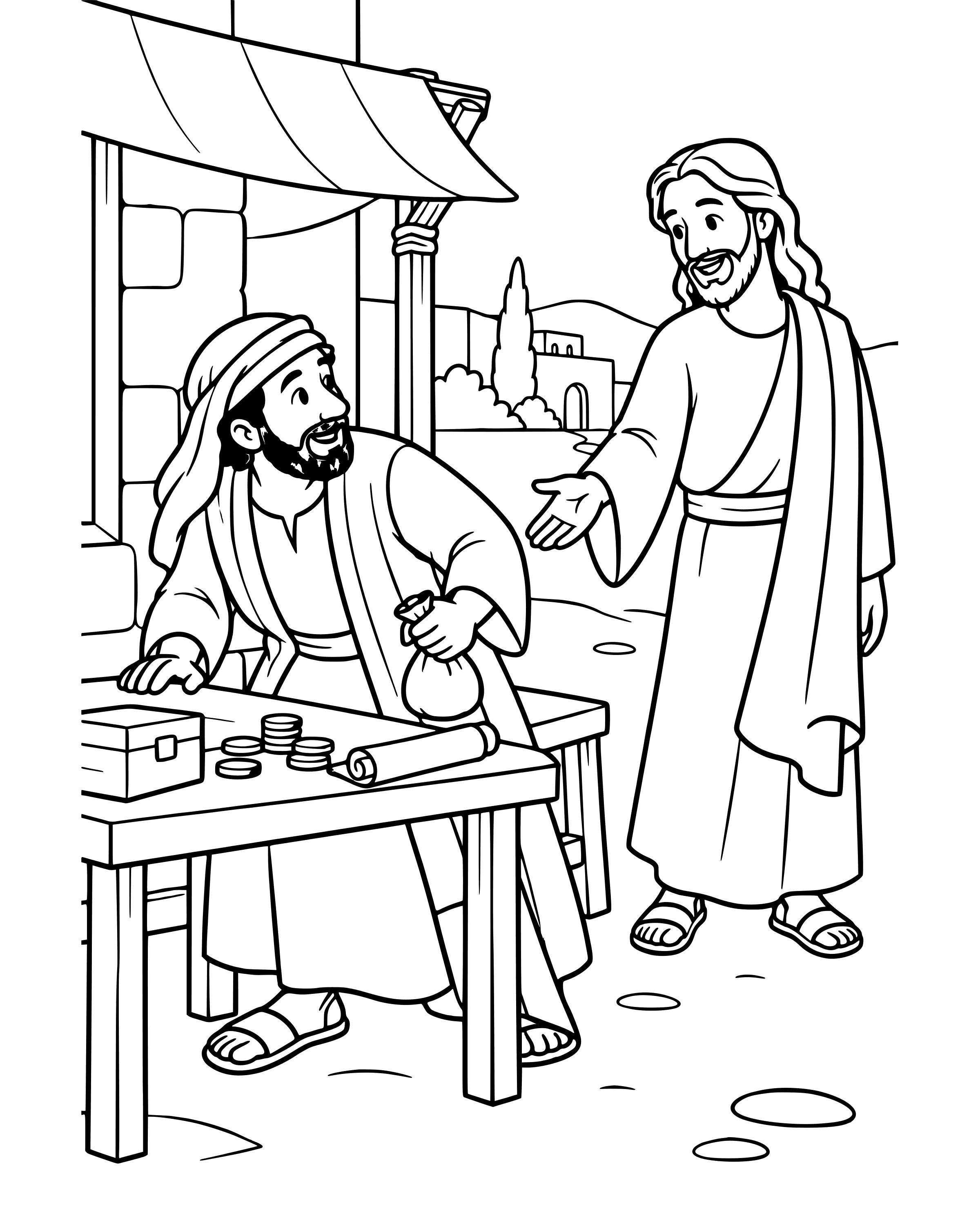 Jesus Calls Matthew, simple printable coloring page for ages 5–7