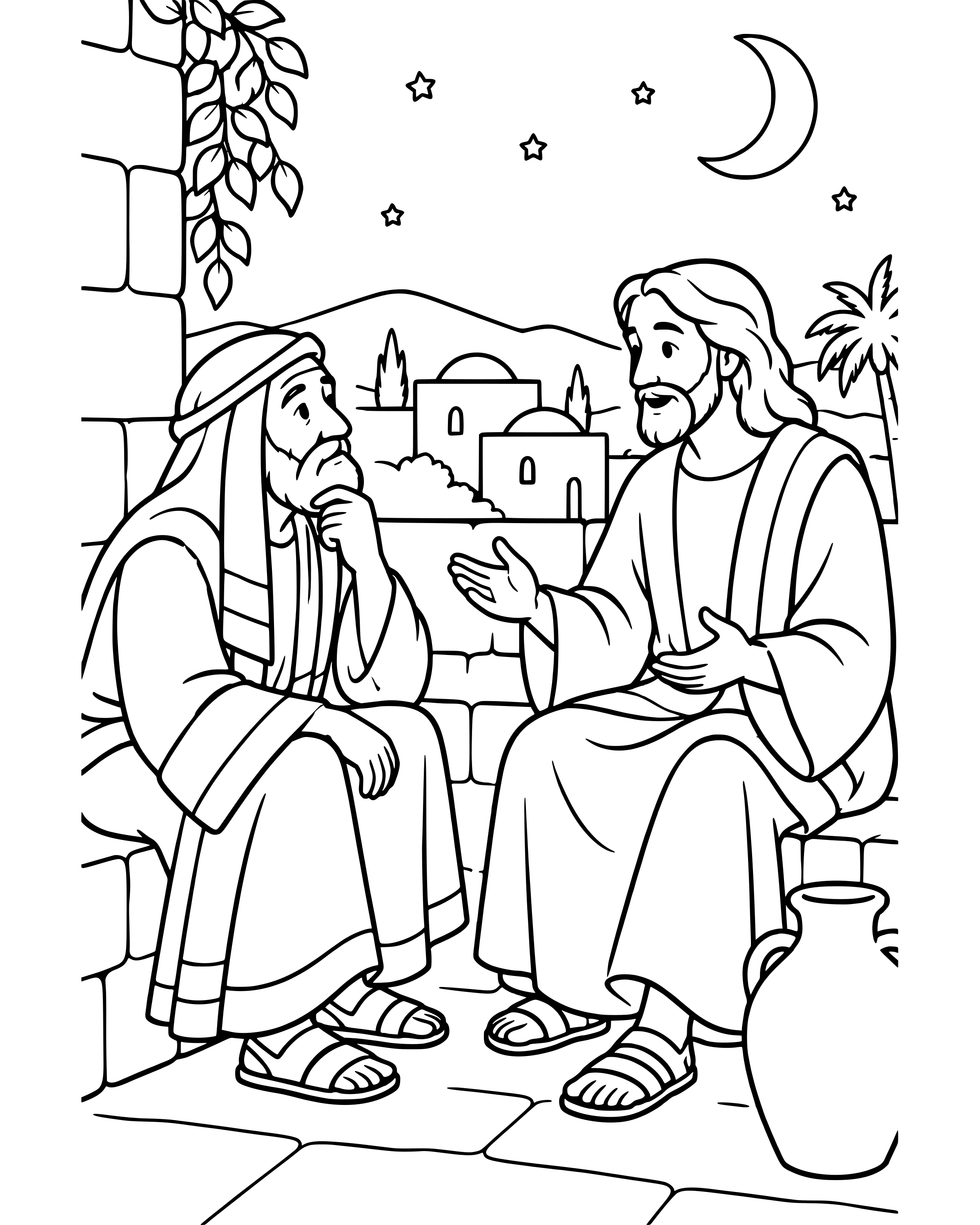 Nicodemus Visits Jesus at Night, simple printable coloring page for ages 5–7