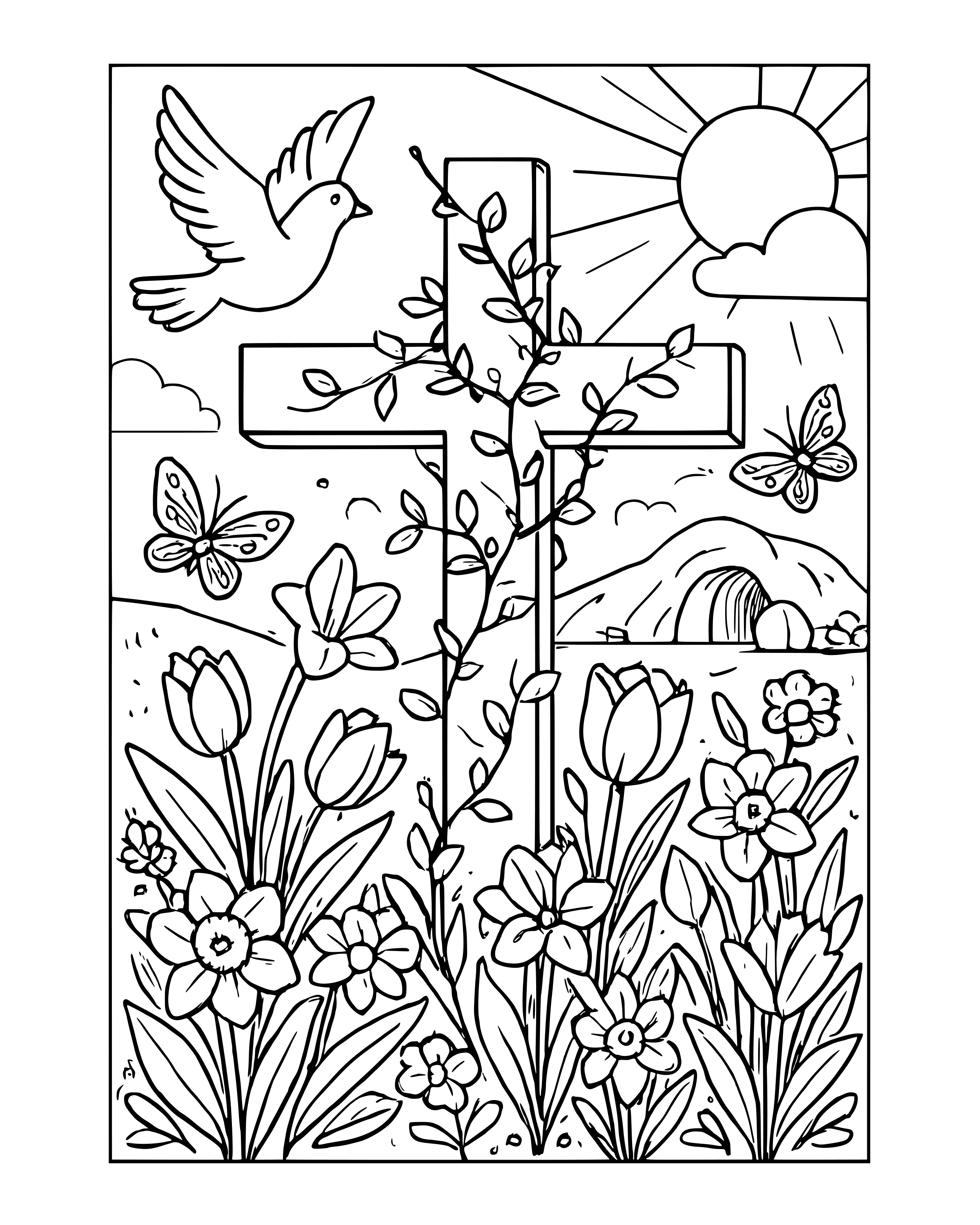 Easter Cross with Lilies – detailed printable coloring page for ages 8–12