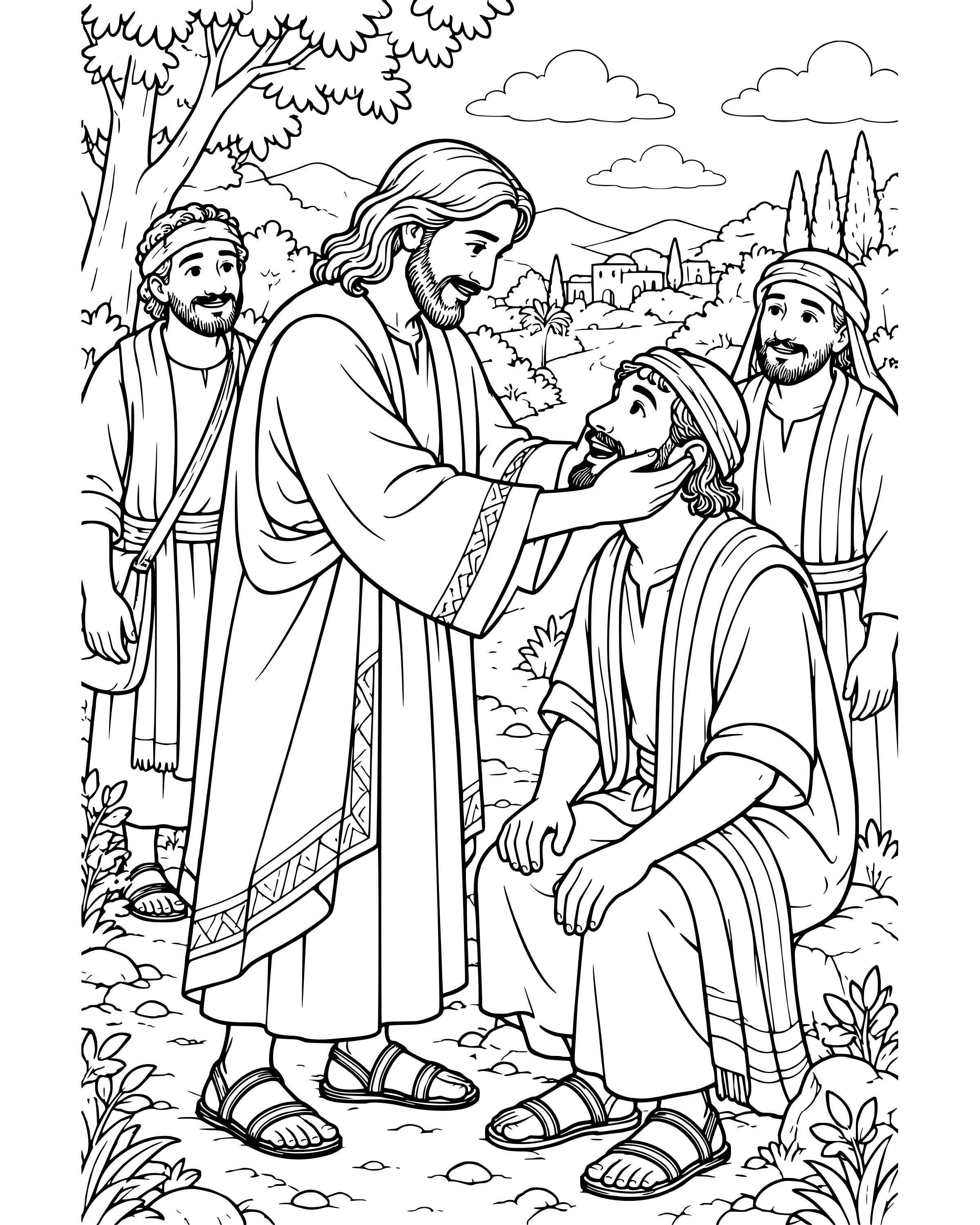 Detailed Jesus Heals a Man Who Could Not Hear coloring page