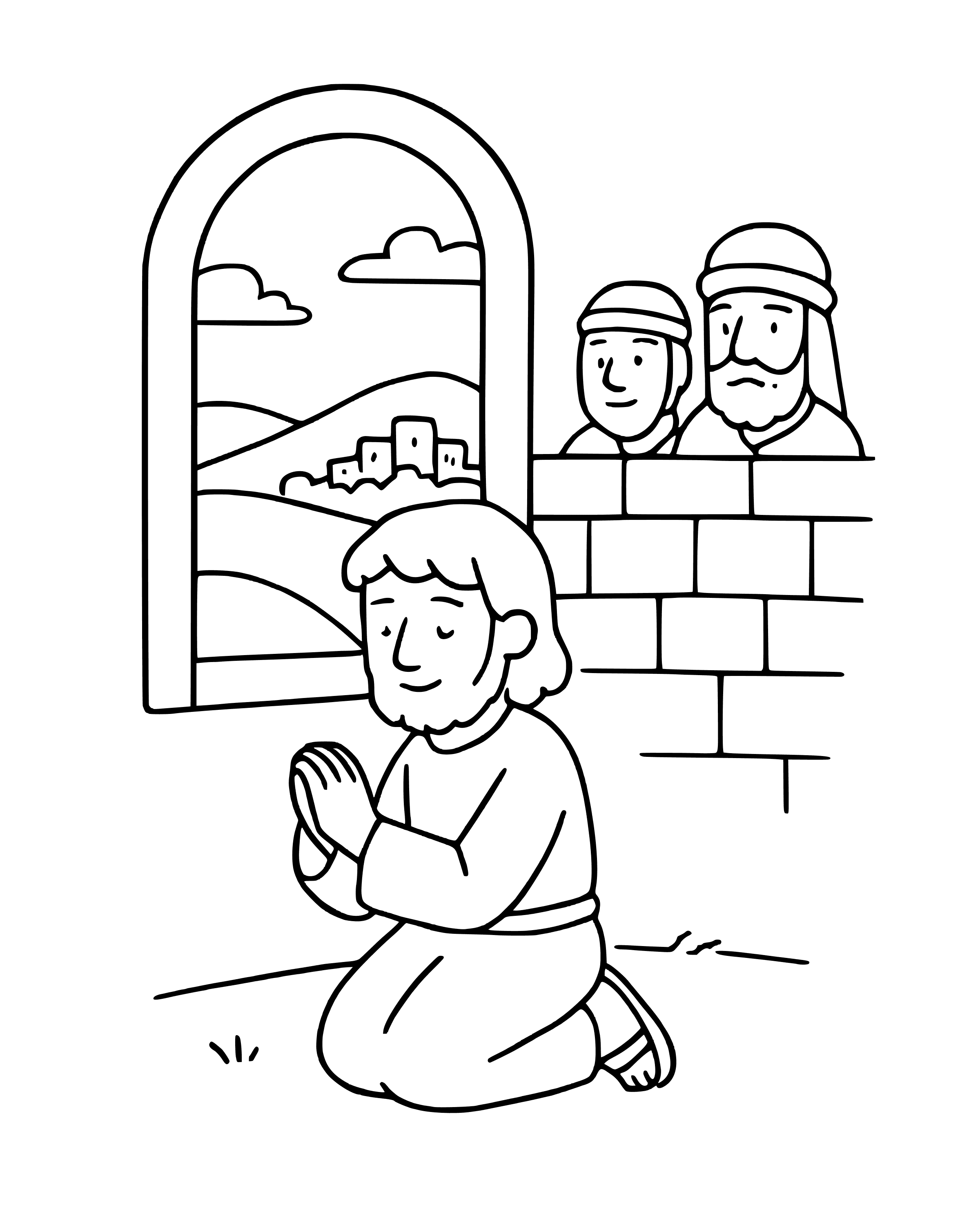 Daniel Prays at His Window – simple printable coloring page for ages 5–7