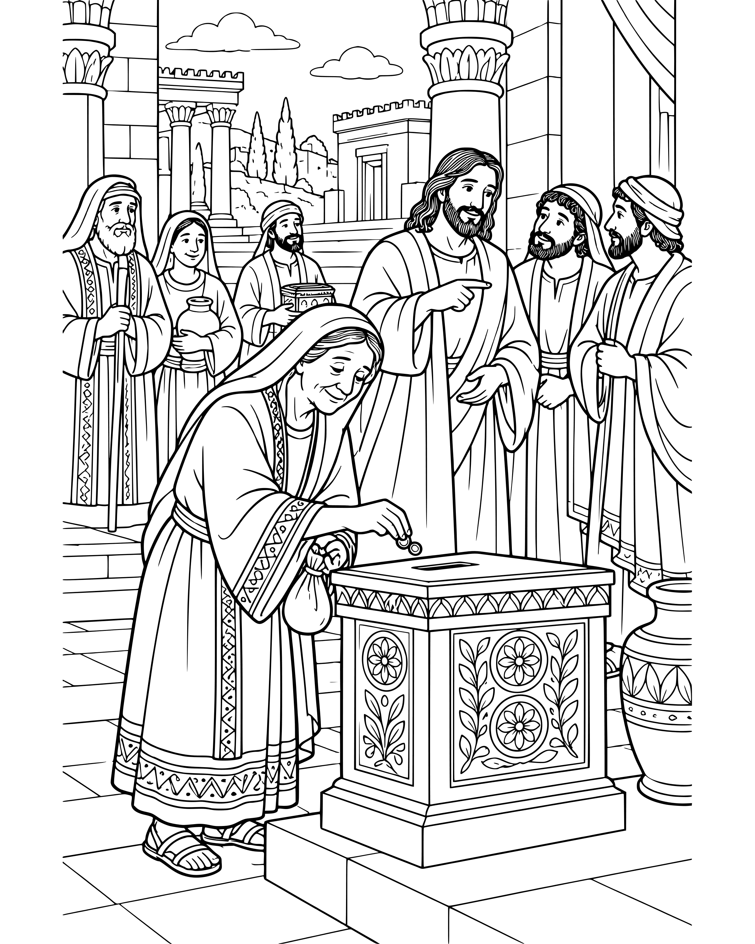 The Widow's Two Small Coins, detailed printable coloring page for ages 8–12