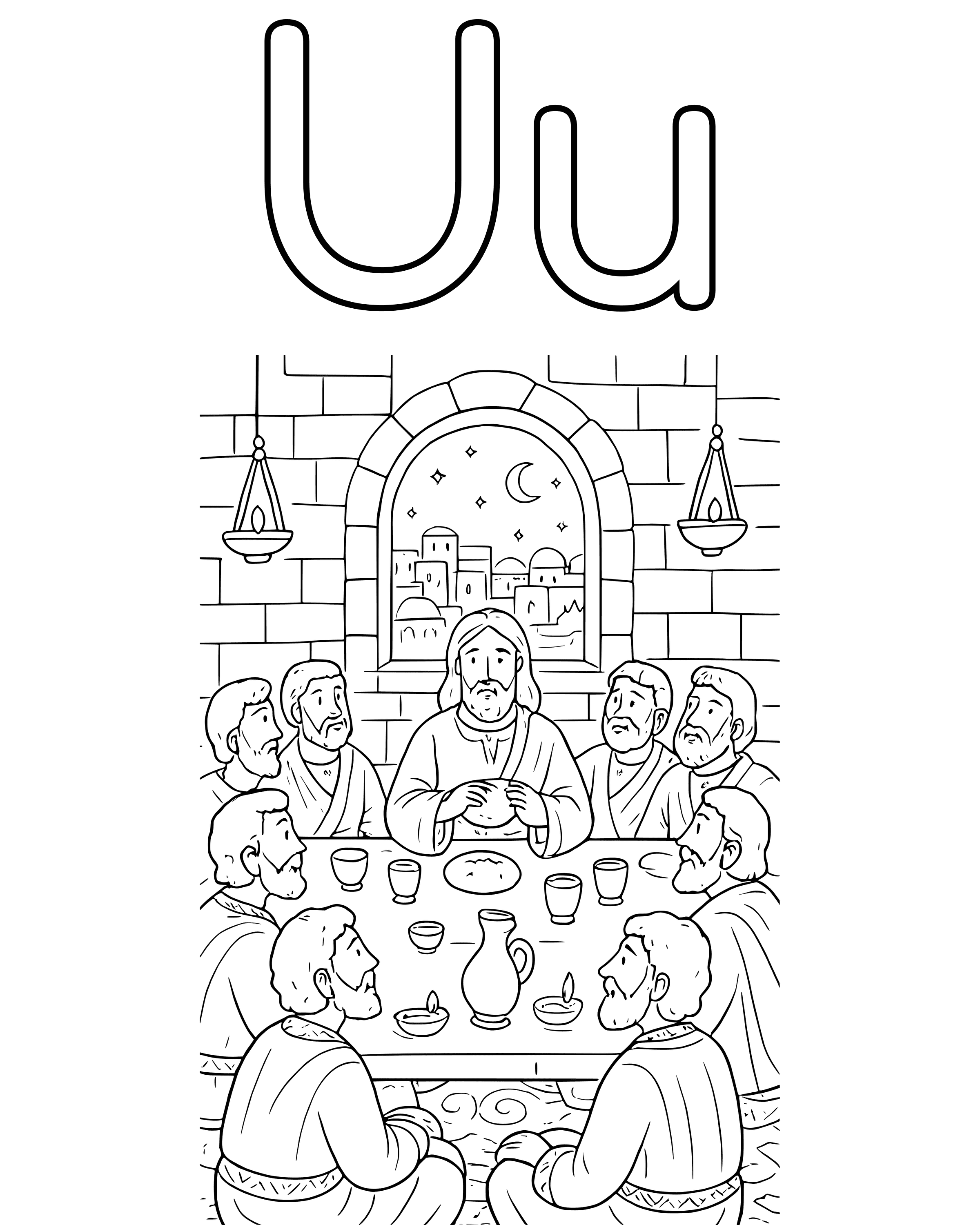 U Is for Upper Room – detailed printable coloring page for ages 8–12