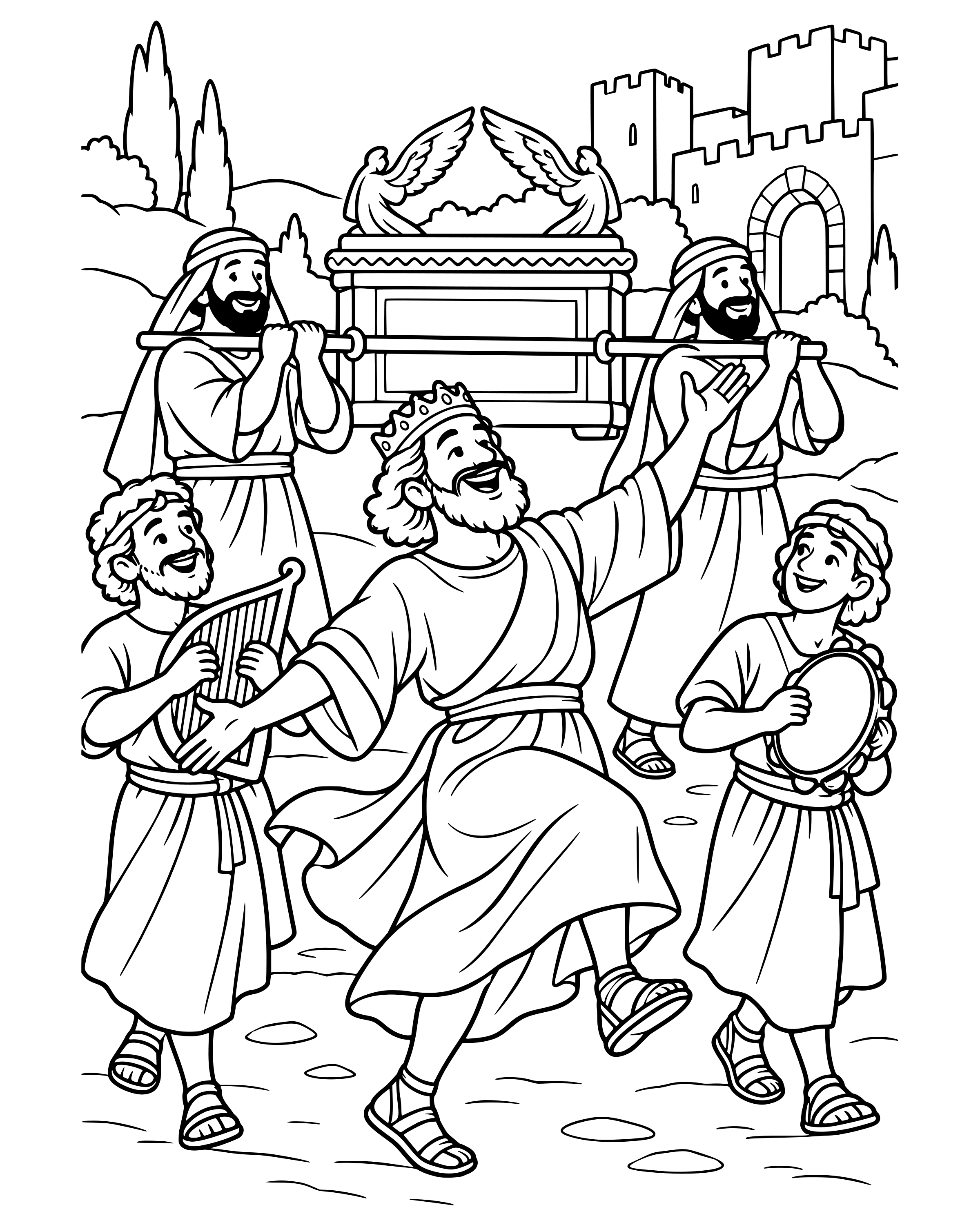 Detailed David Dances for Joy coloring page