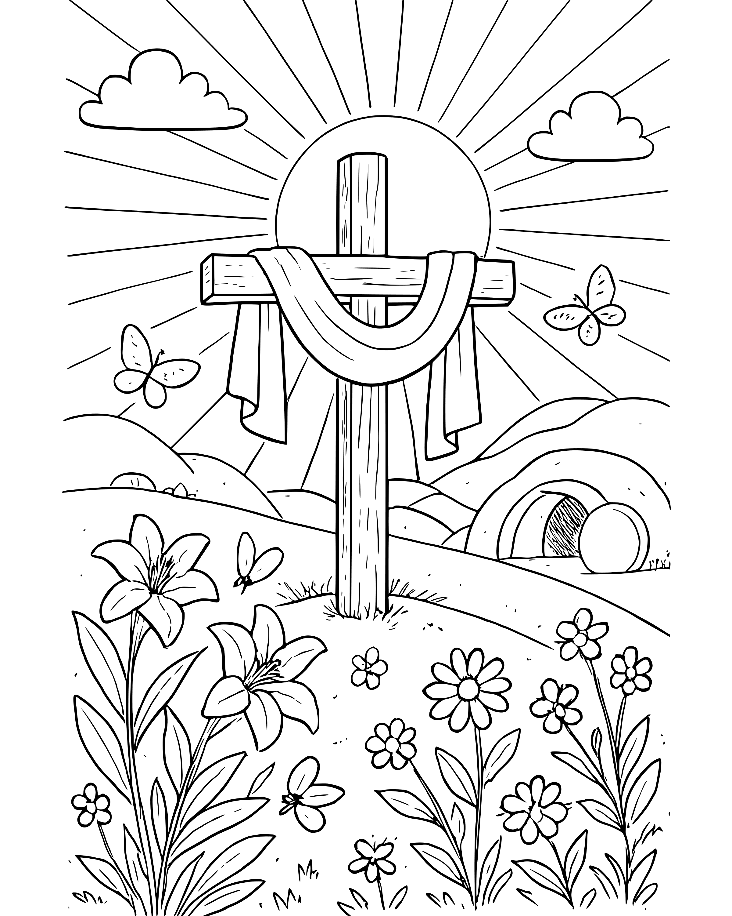 The Empty Cross – detailed printable coloring page for ages 8–12