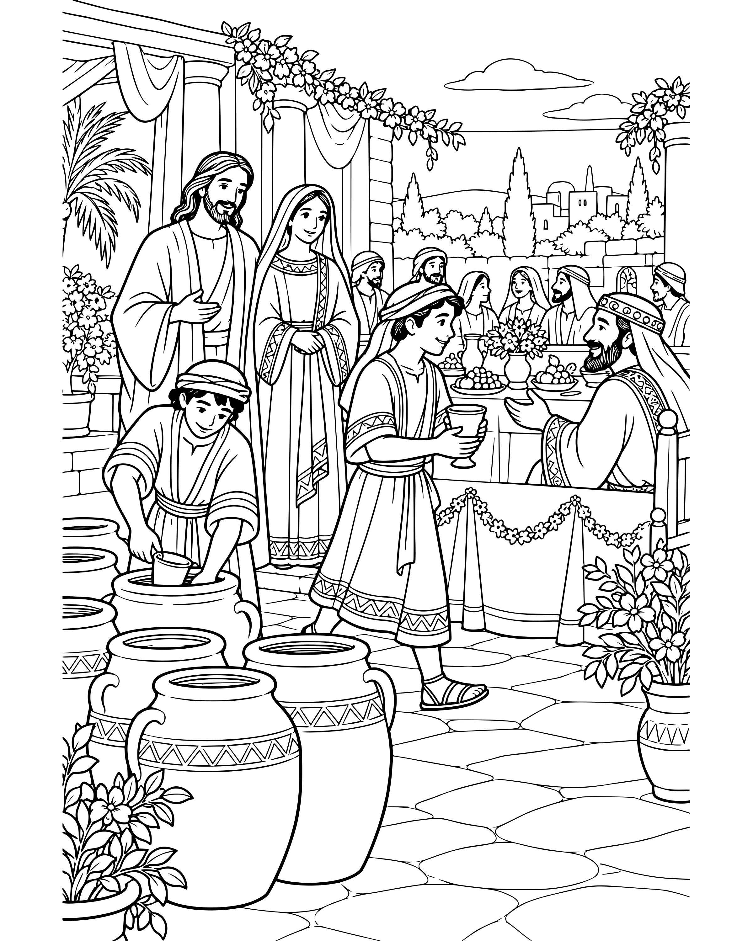 Jesus Turns Water into Wine, detailed printable coloring page for ages 8–12