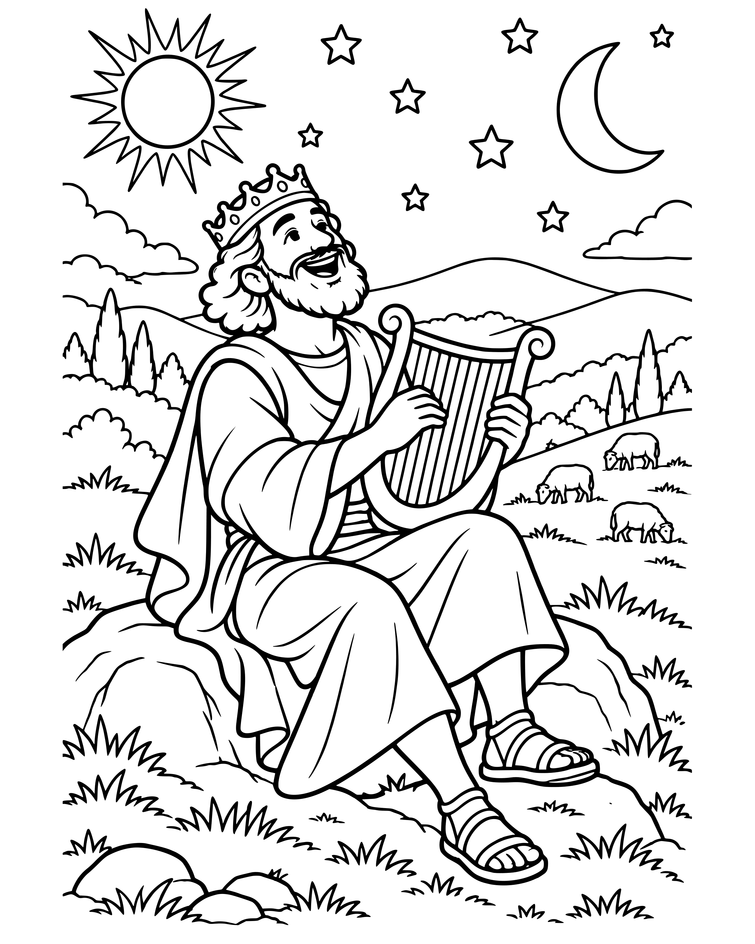 Detailed David Writes Songs to God coloring page