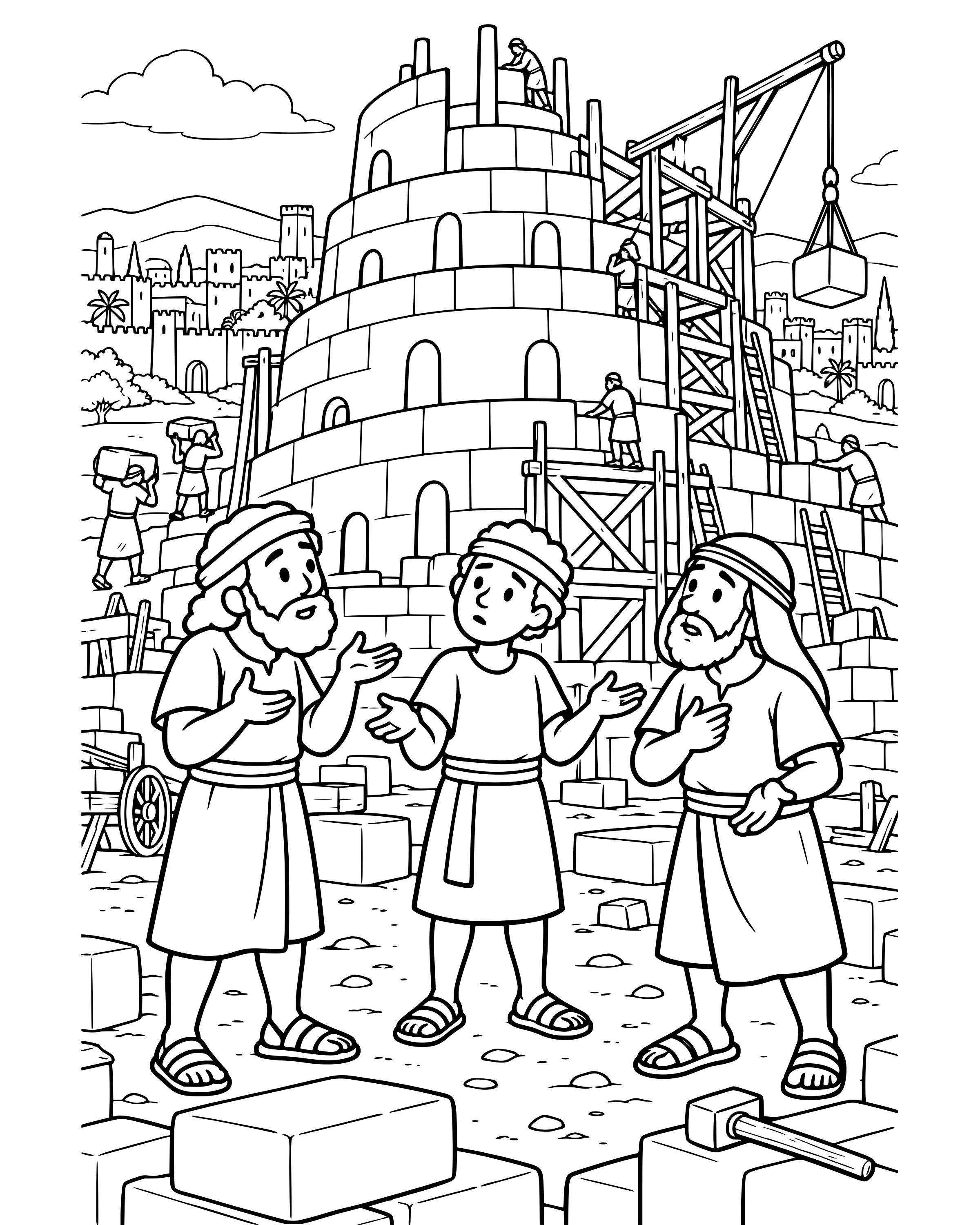Many Languages at Babel, detailed printable coloring page for ages 8–12