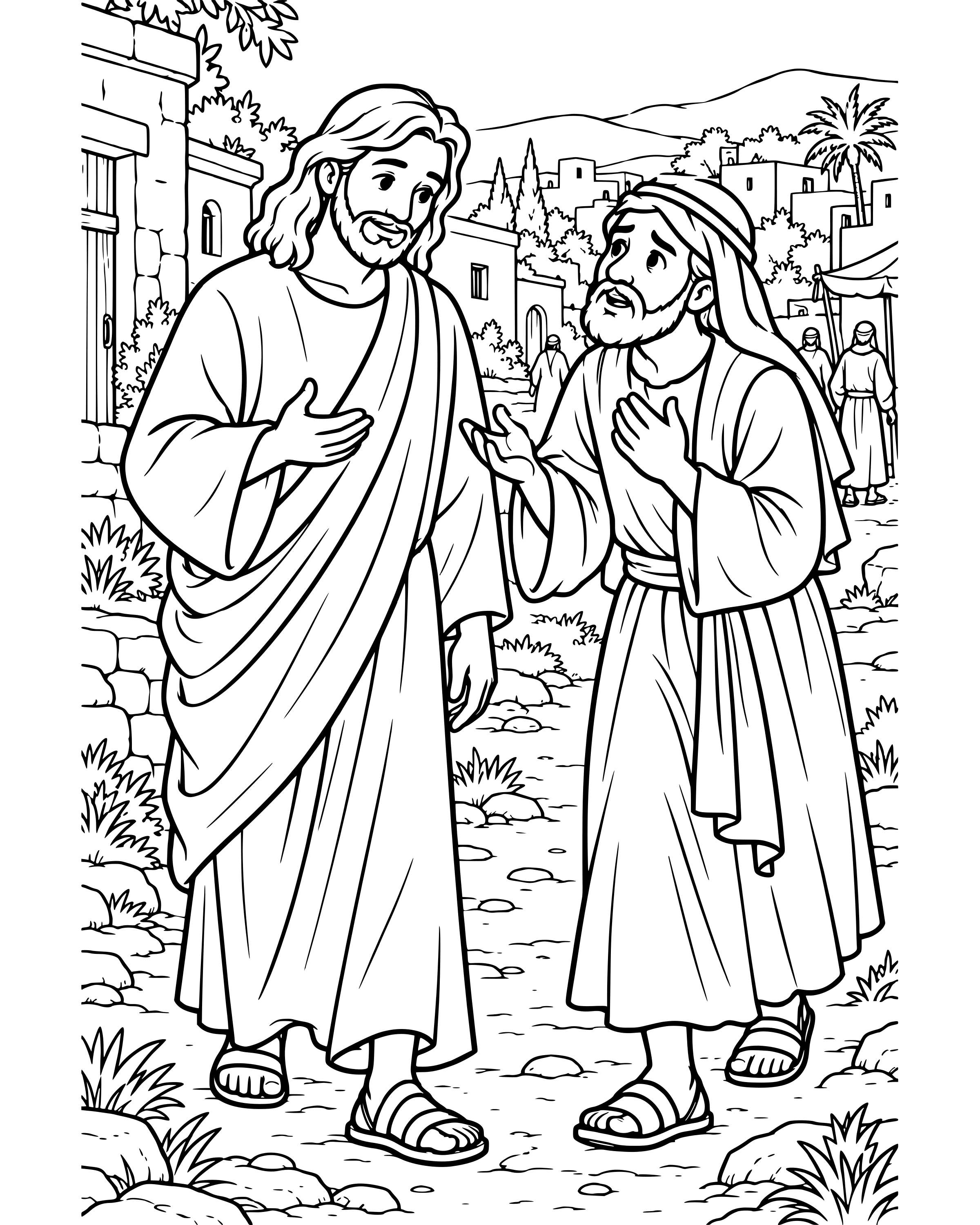 Jairus Asks Jesus for Help, detailed printable coloring page for ages 8–12