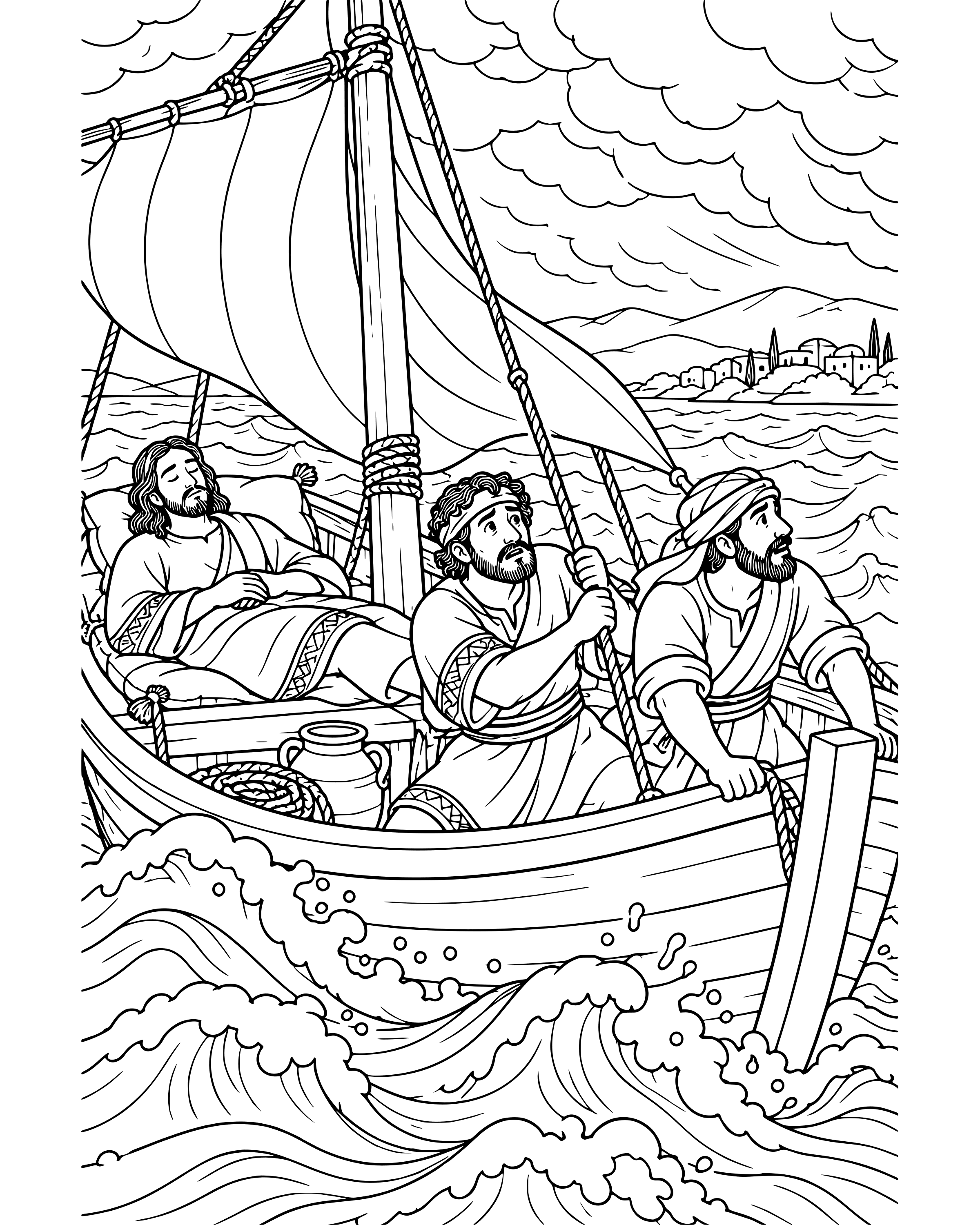 Detailed Jesus Asleep in the Boat coloring page