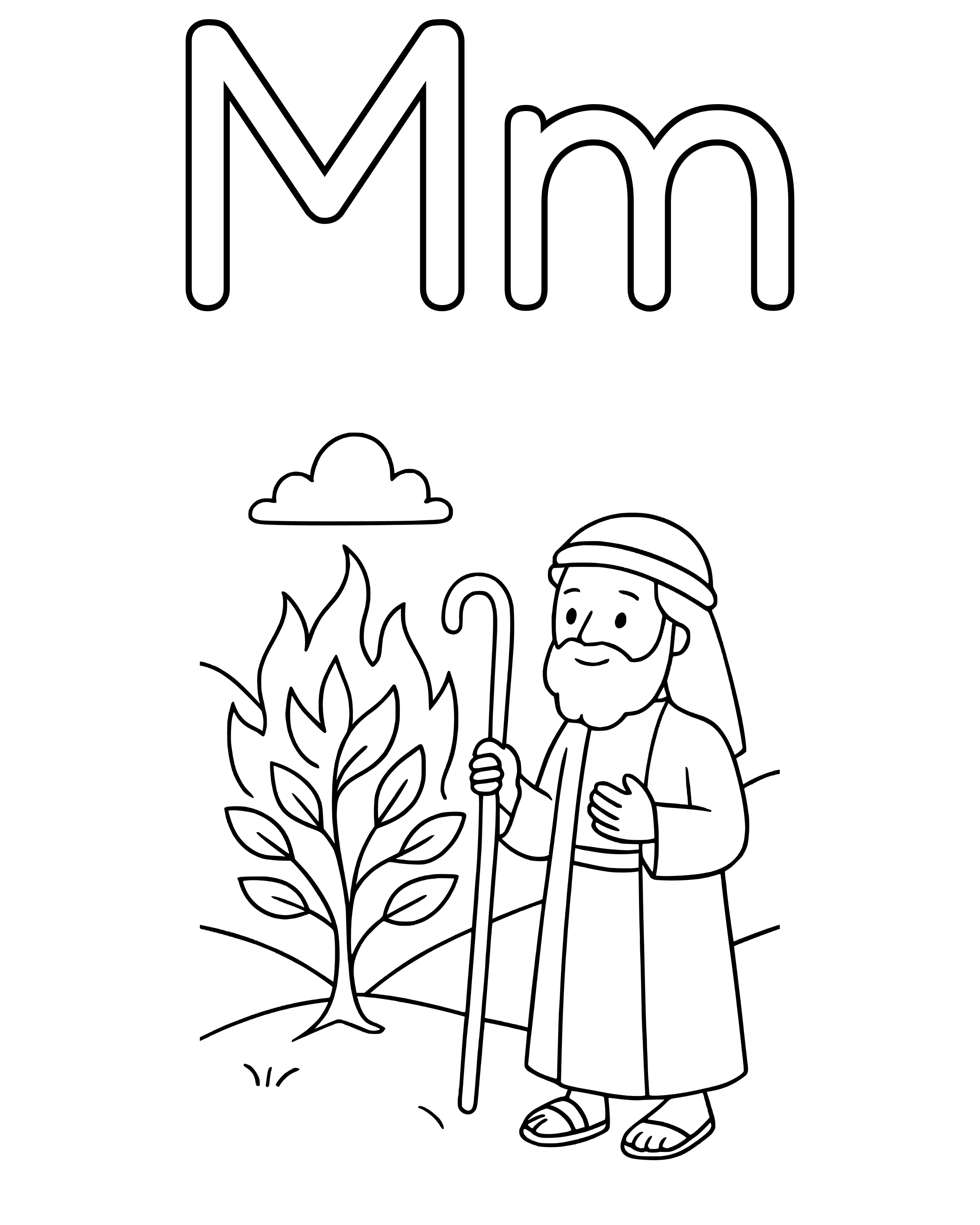 M Is for Moses – simple printable coloring page for ages 5–7