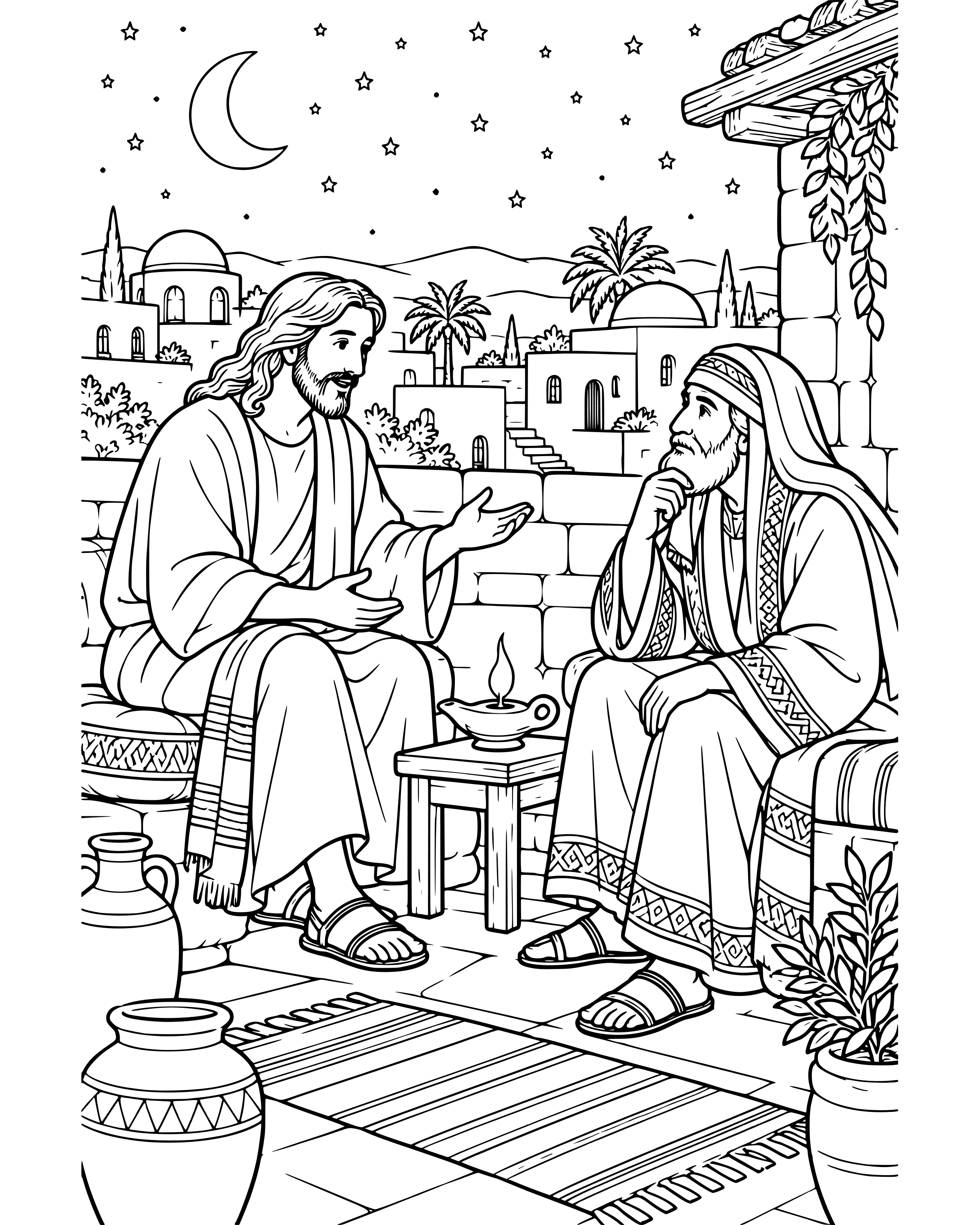 Nicodemus Visits Jesus at Night, detailed printable coloring page for ages 8–12