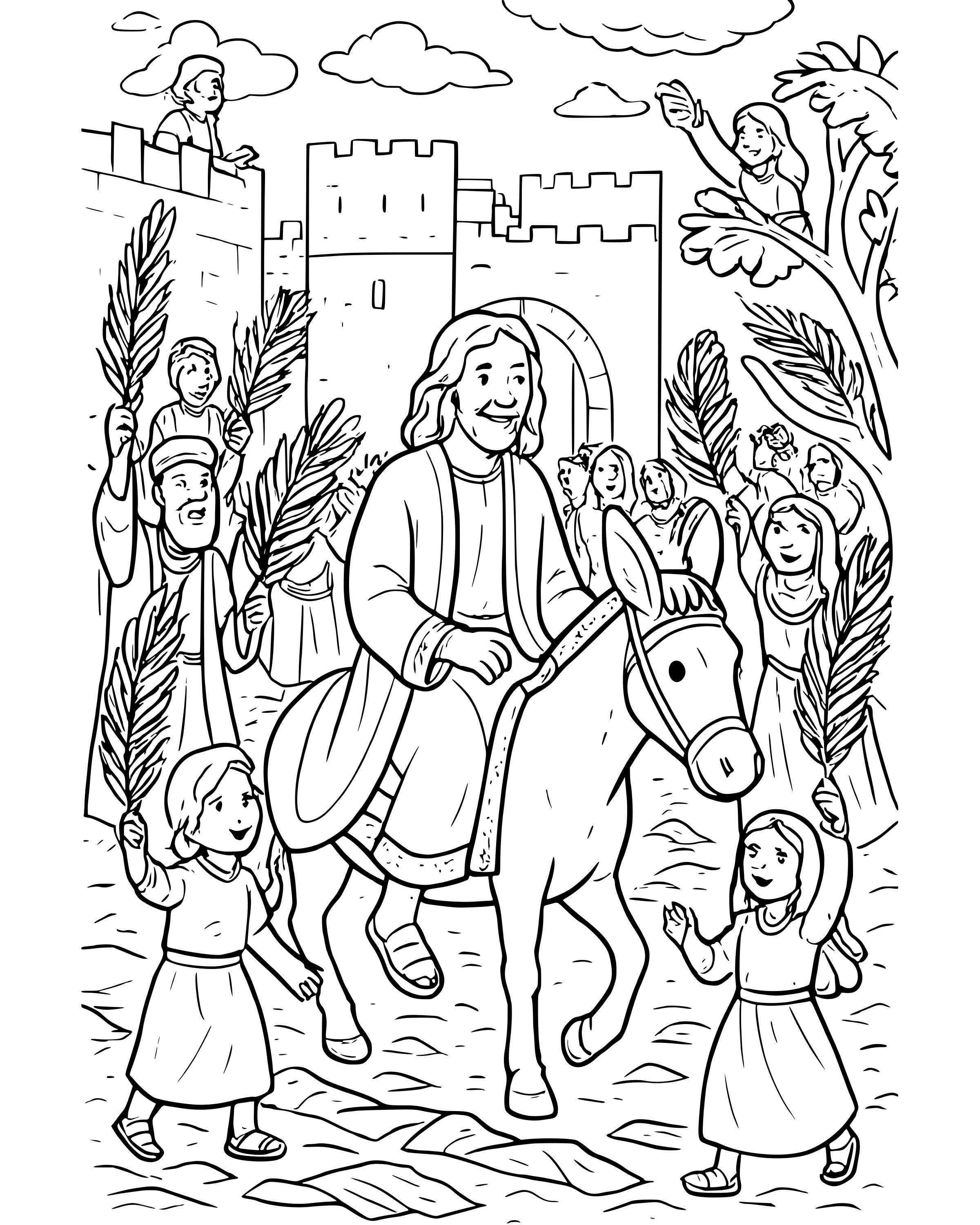 Detailed Hosanna! Jesus Rides into Jerusalem coloring page