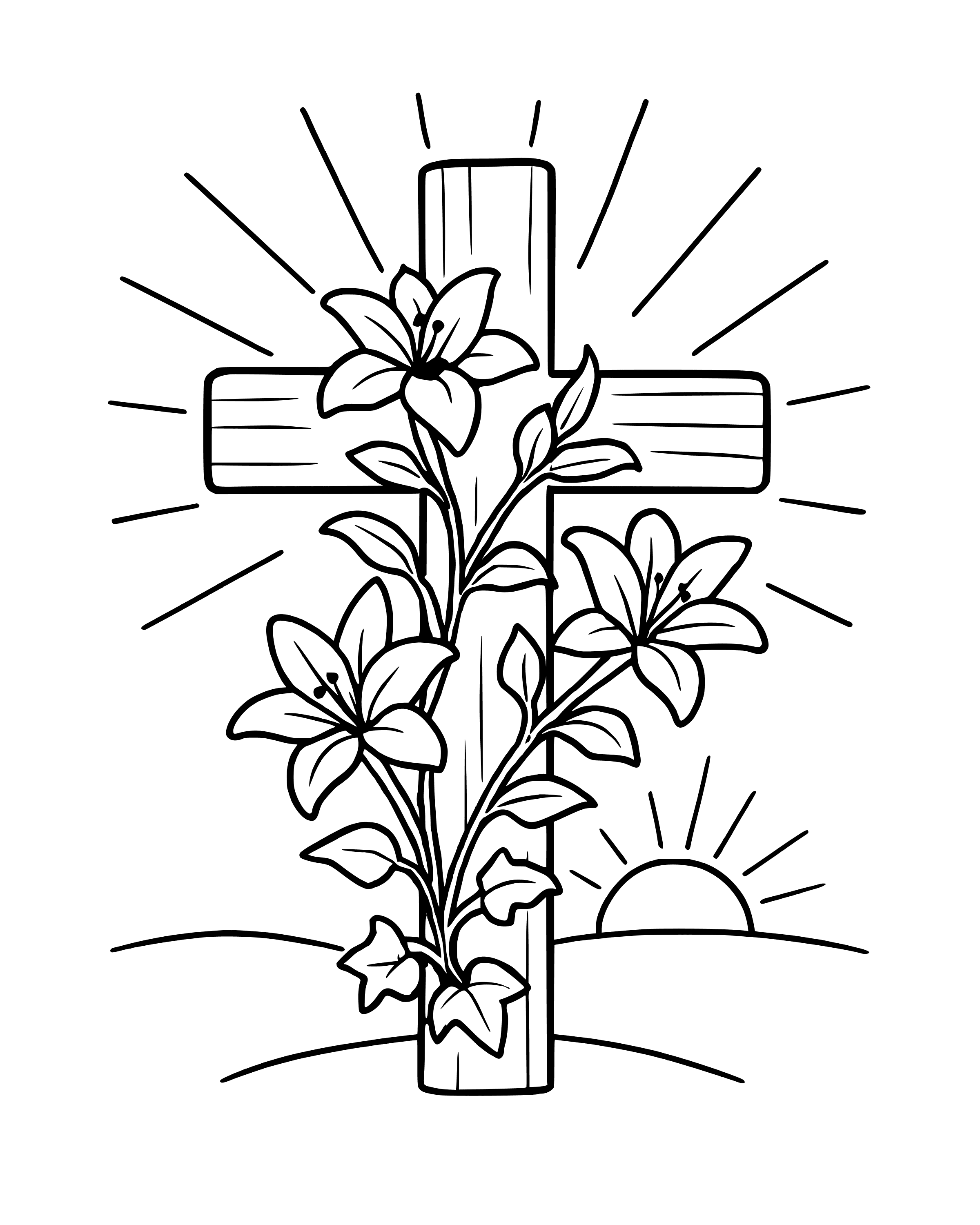 Easter Cross with Lilies – simple printable coloring page for ages 5–7
