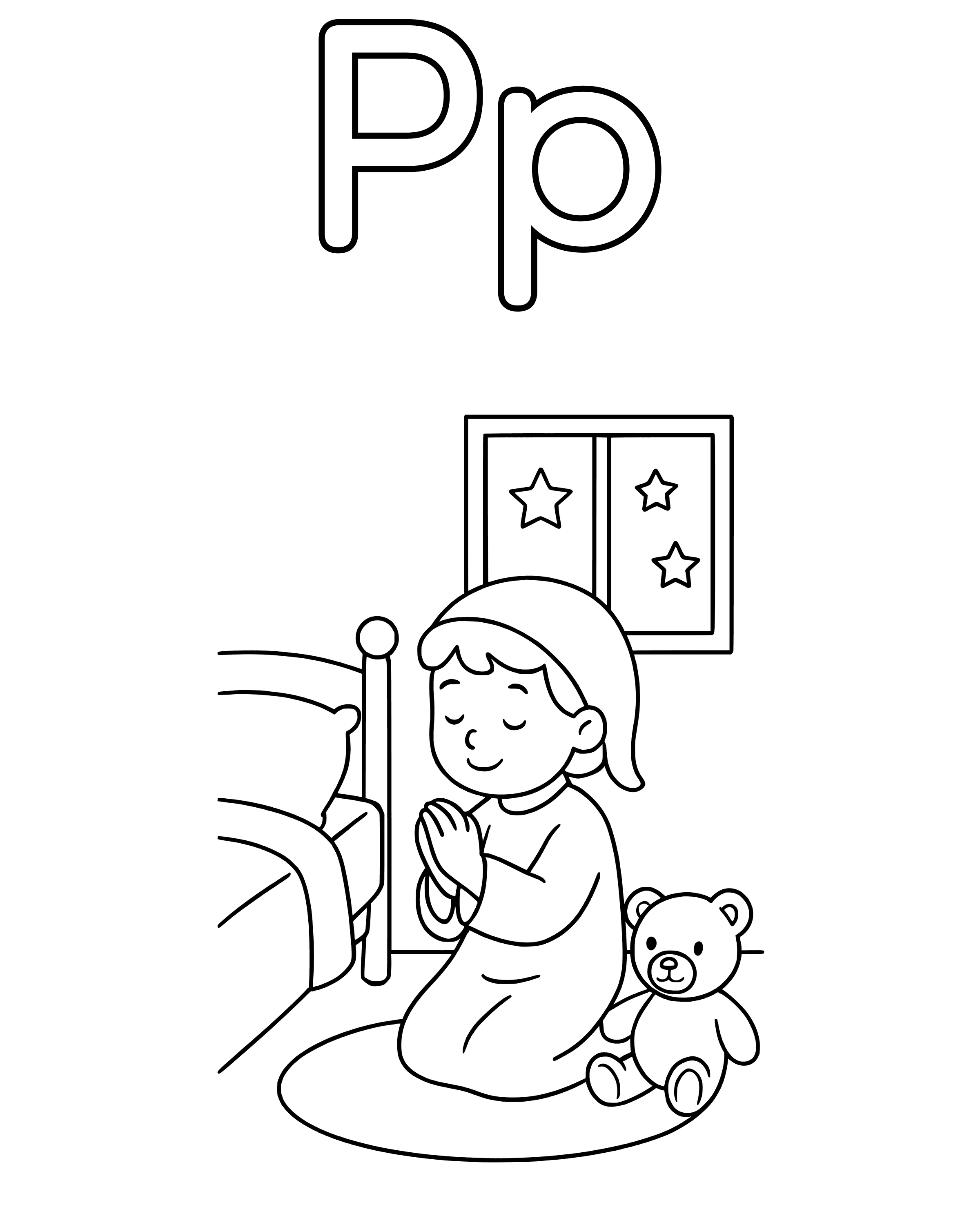 P Is for Pray – simple printable coloring page for ages 5–7