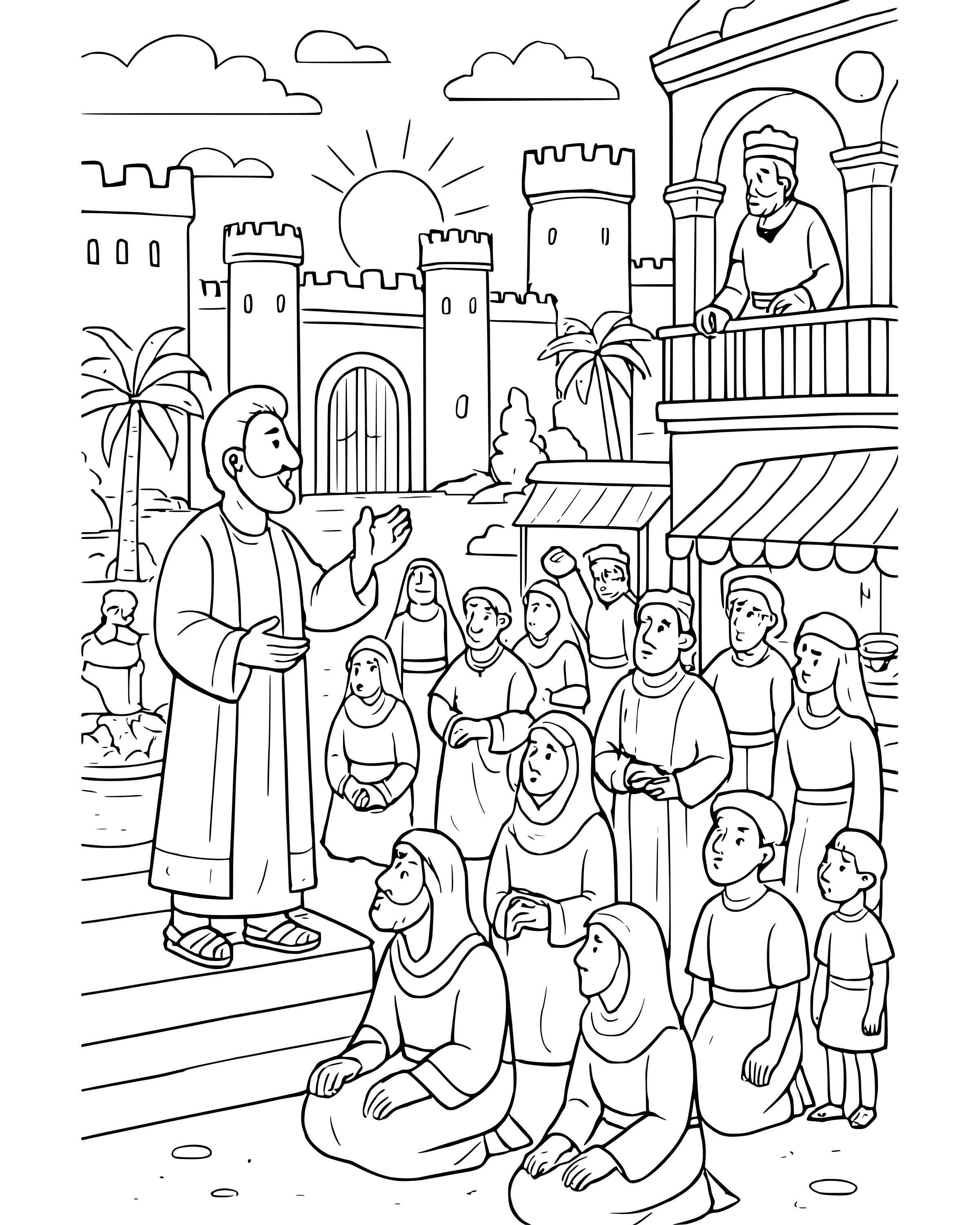 Detailed Jonah Goes to Nineveh coloring page