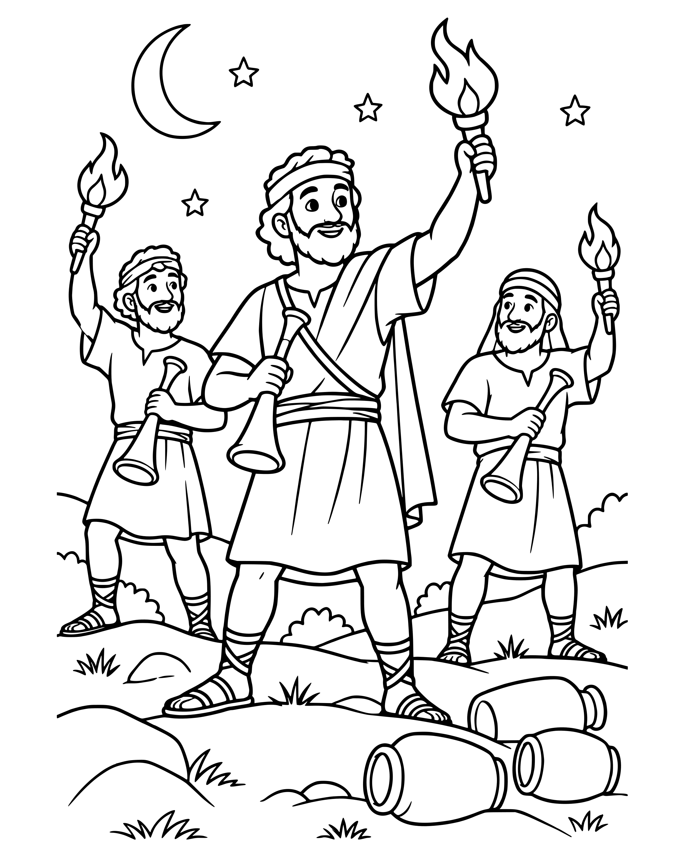 Simple Gideon's Trumpets and Jars coloring page