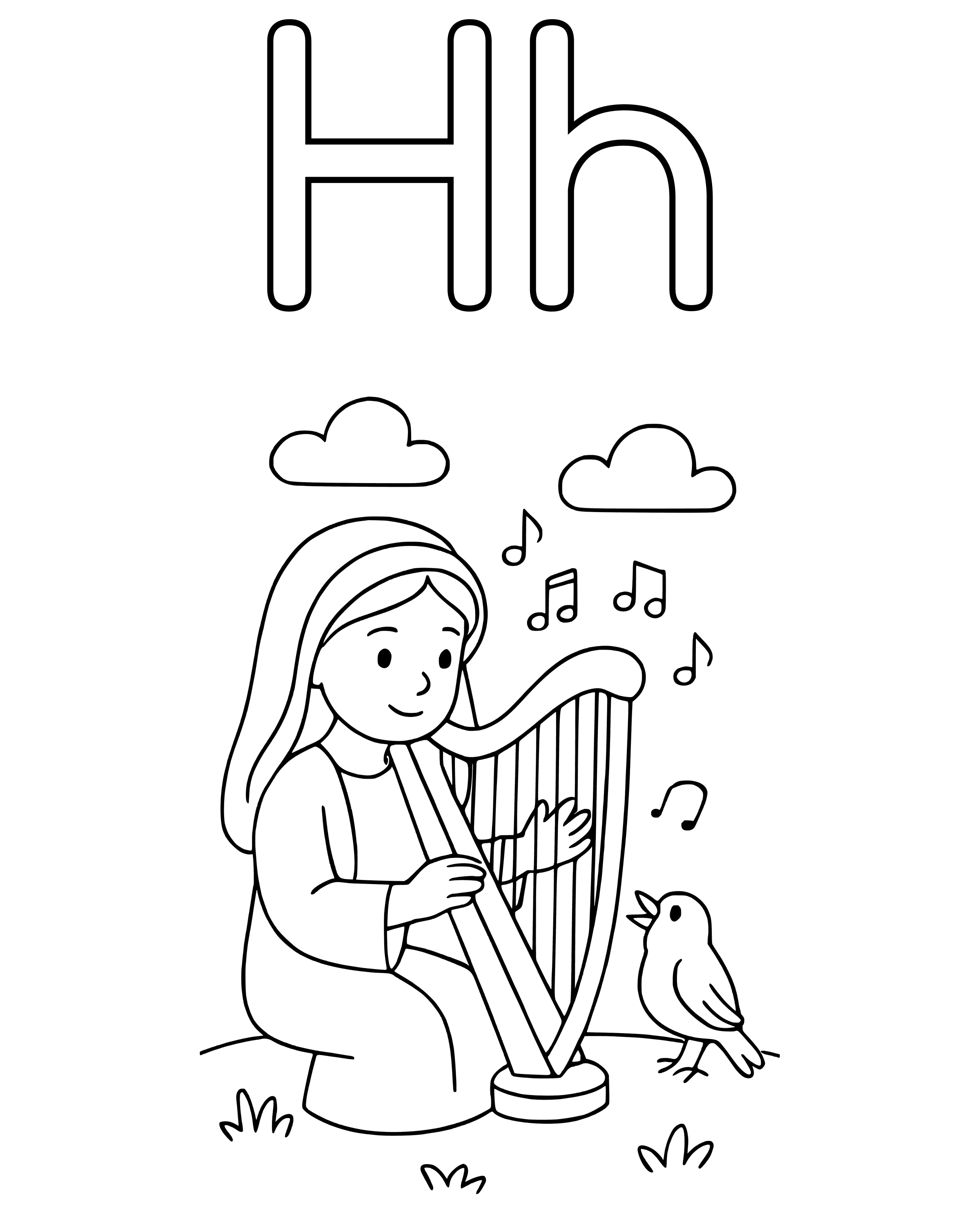 Simple H Is for Harp coloring page