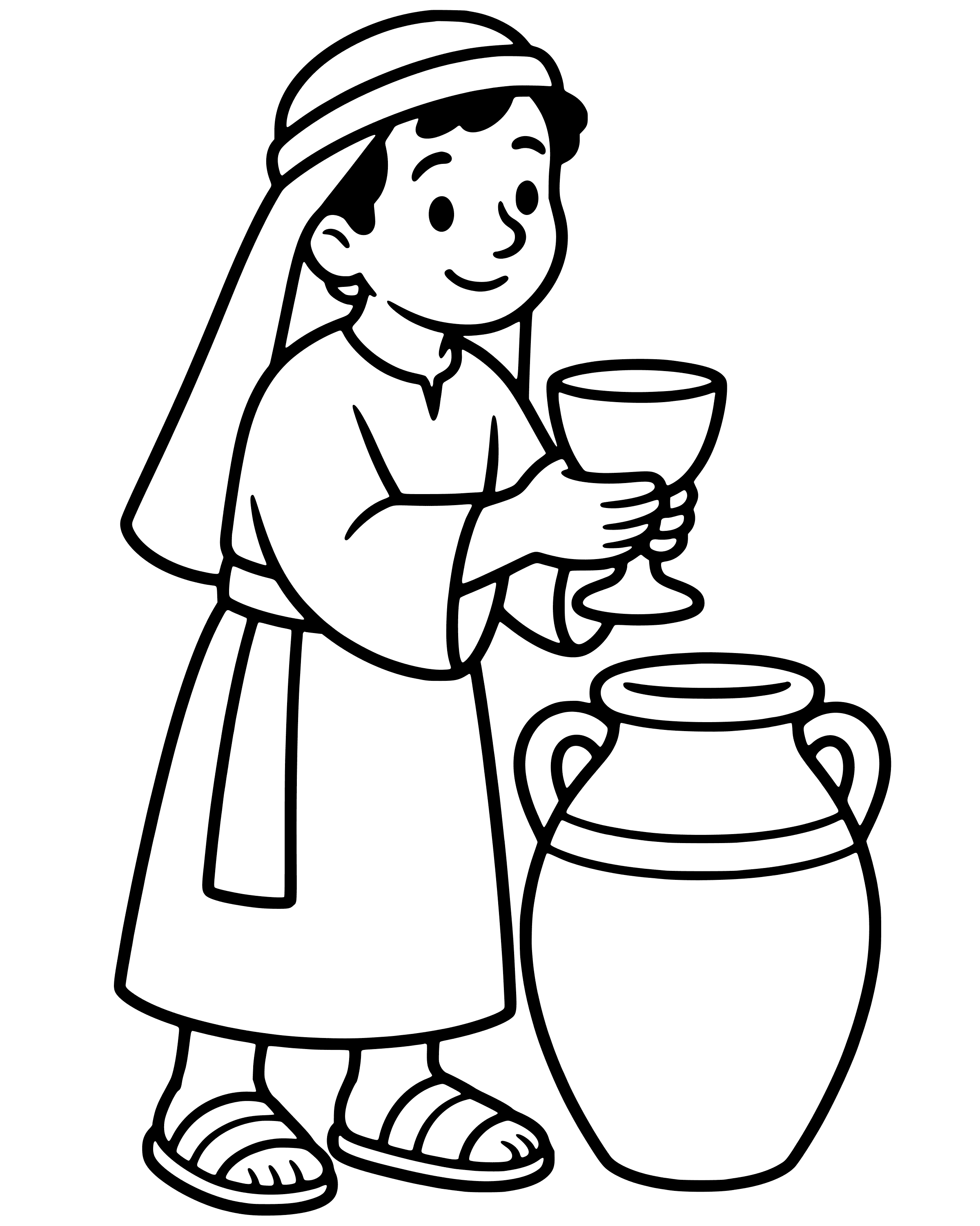 Jesus Turns Water into Wine, easy printable coloring page for ages 2–4