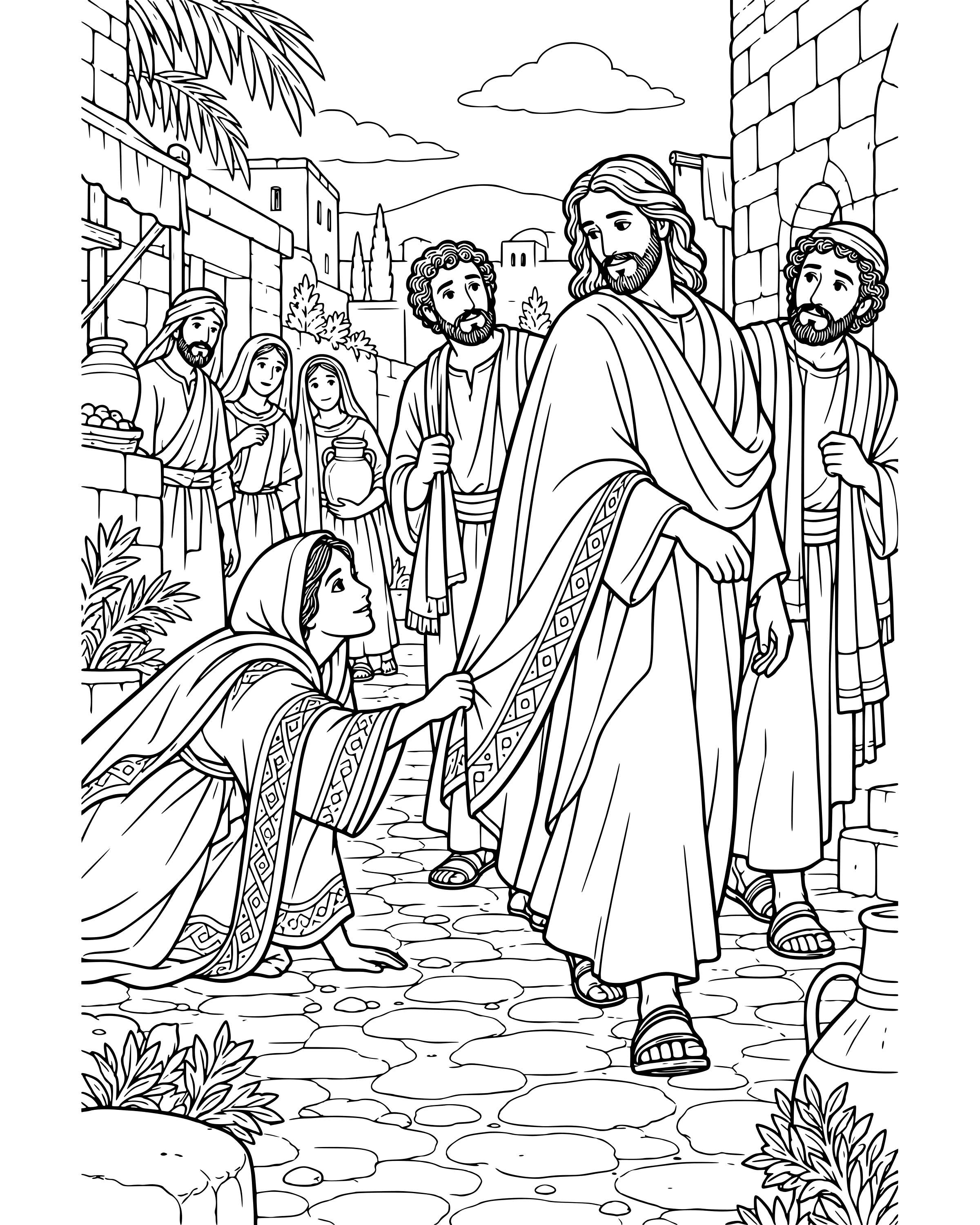 Detailed The Woman Who Touched Jesus' Cloak coloring page