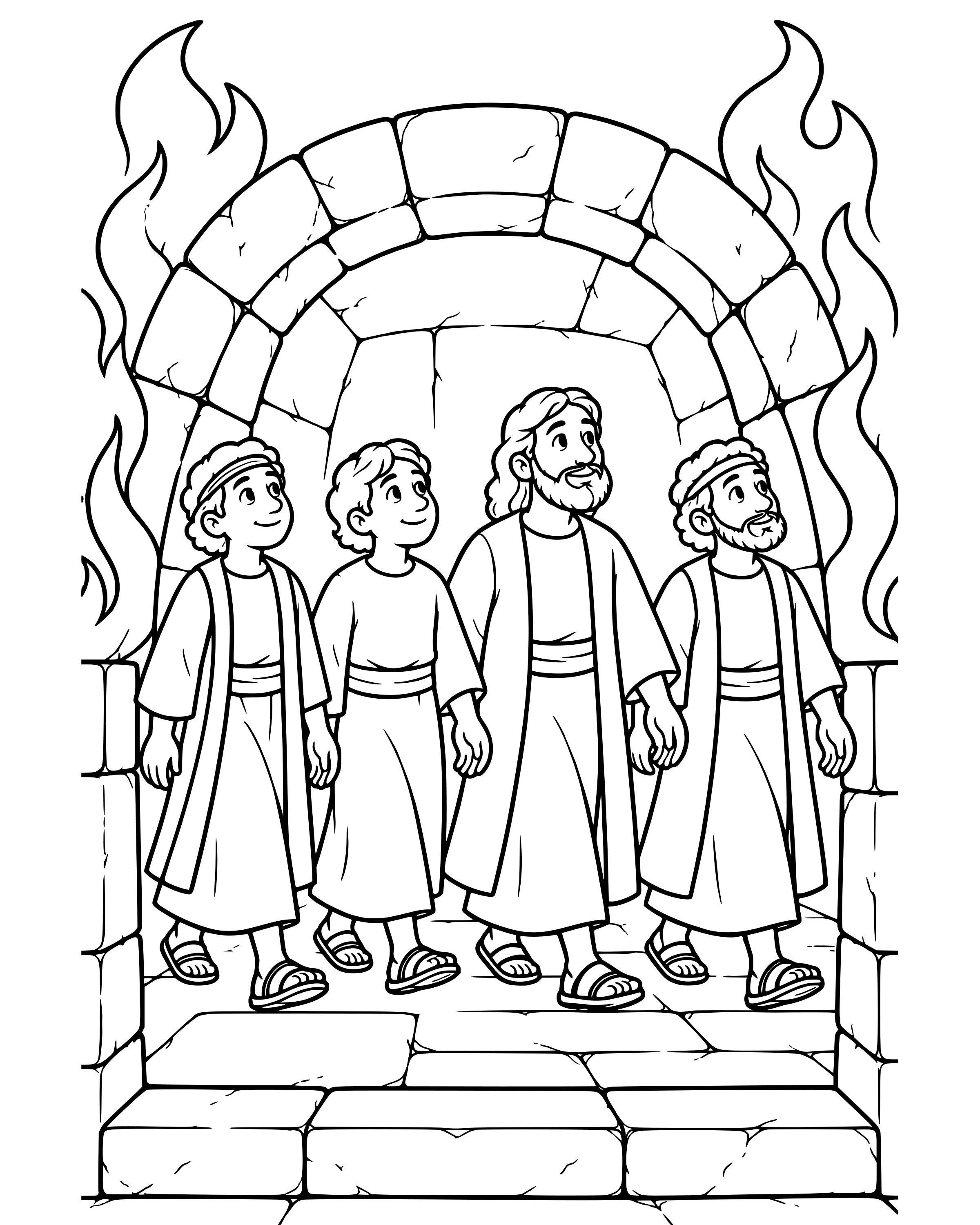 Detailed Four Men in the Fire coloring page