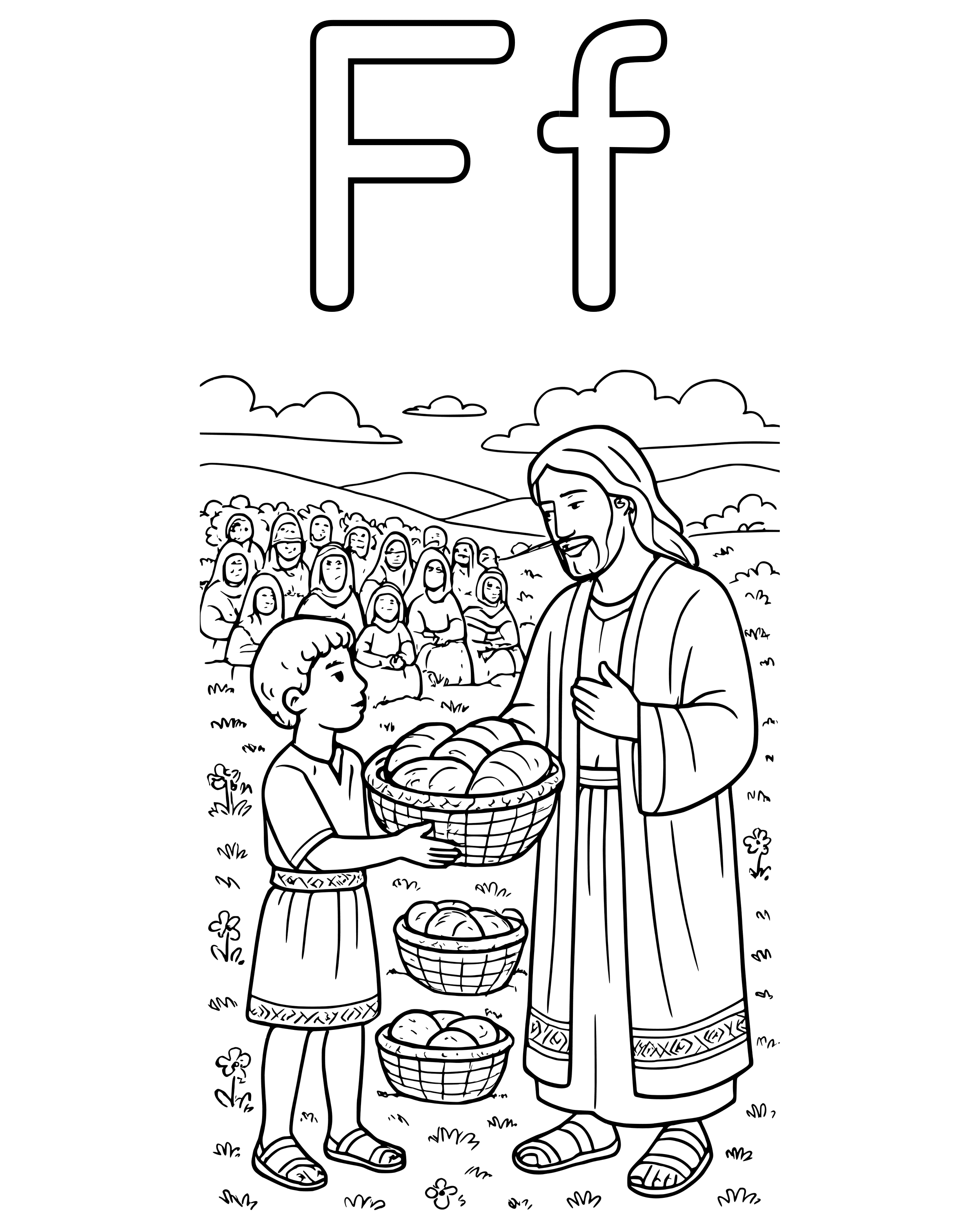 F Is for Fish and Loaves – detailed printable coloring page for ages 8–12