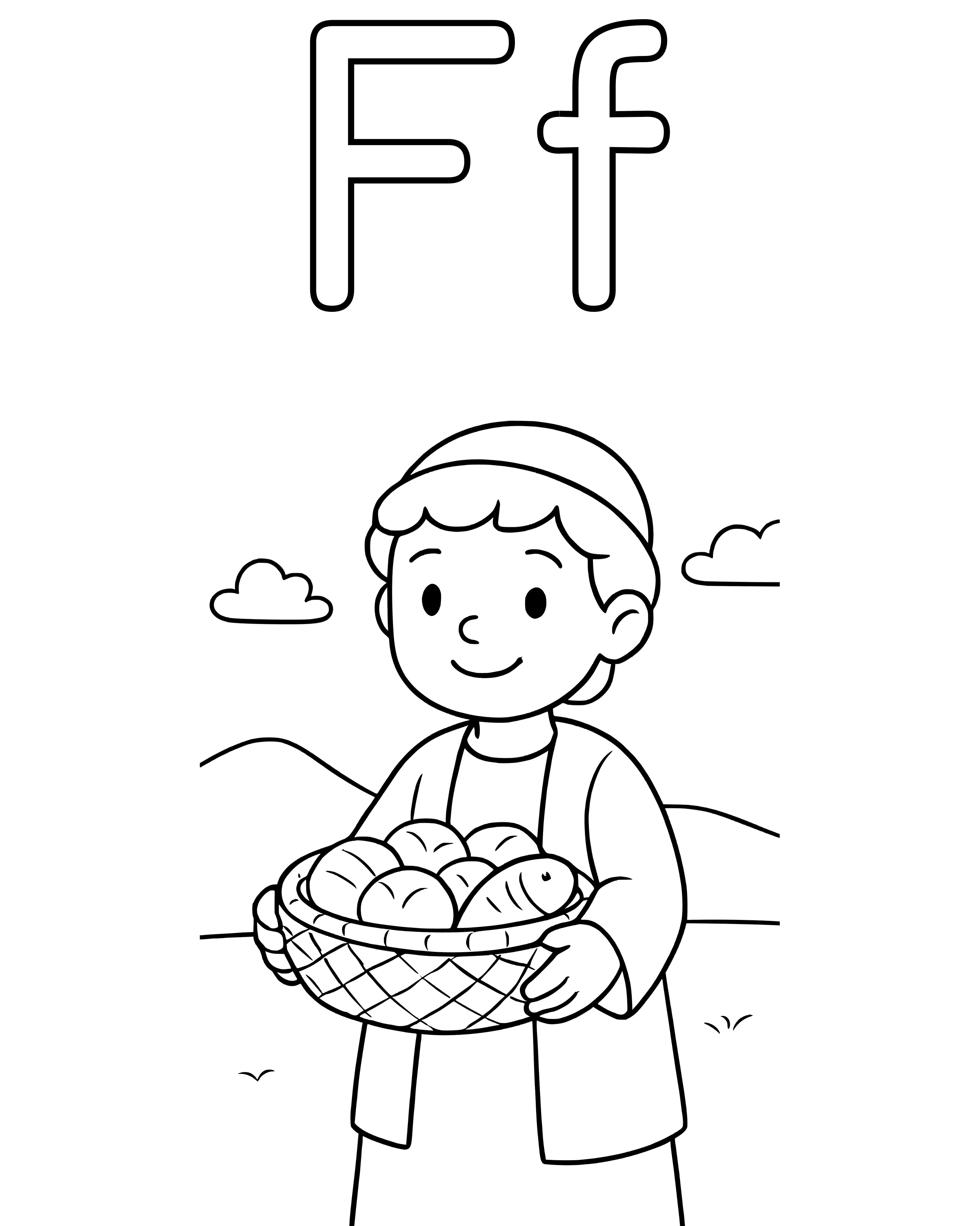 F Is for Fish and Loaves – simple printable coloring page for ages 5–7