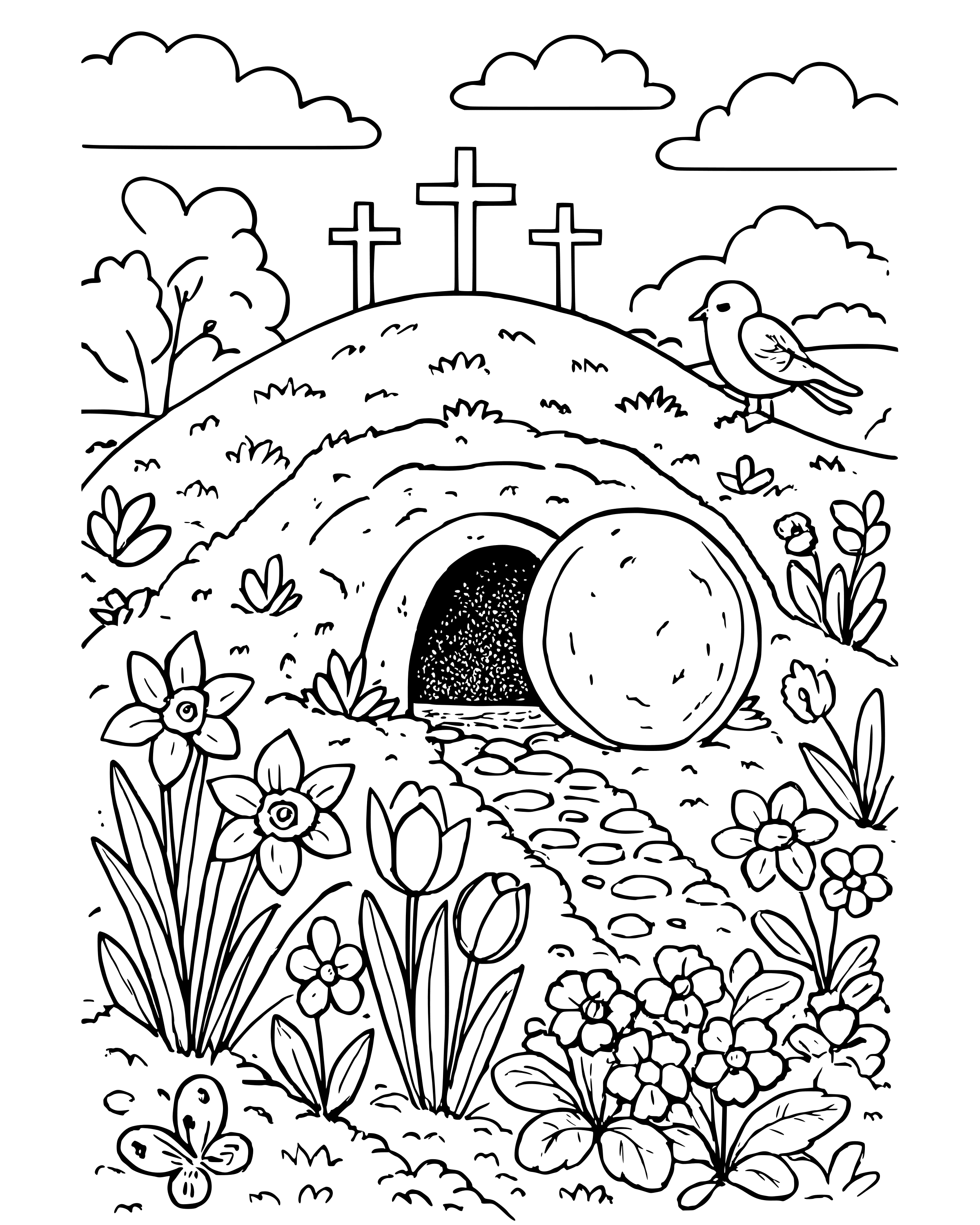 The Easter Garden – detailed printable coloring page for ages 8–12