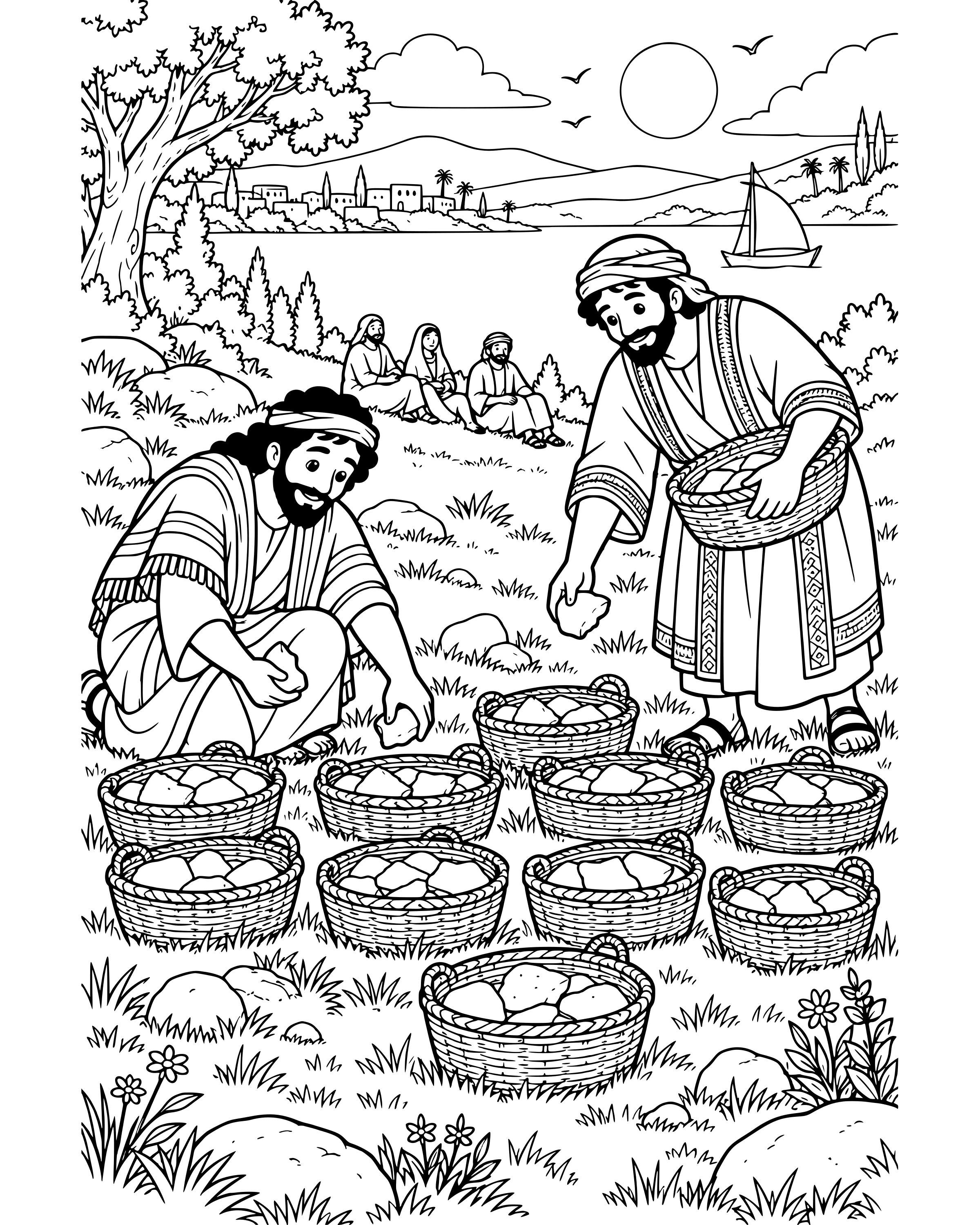 Twelve Baskets Left Over, detailed printable coloring page for ages 8–12