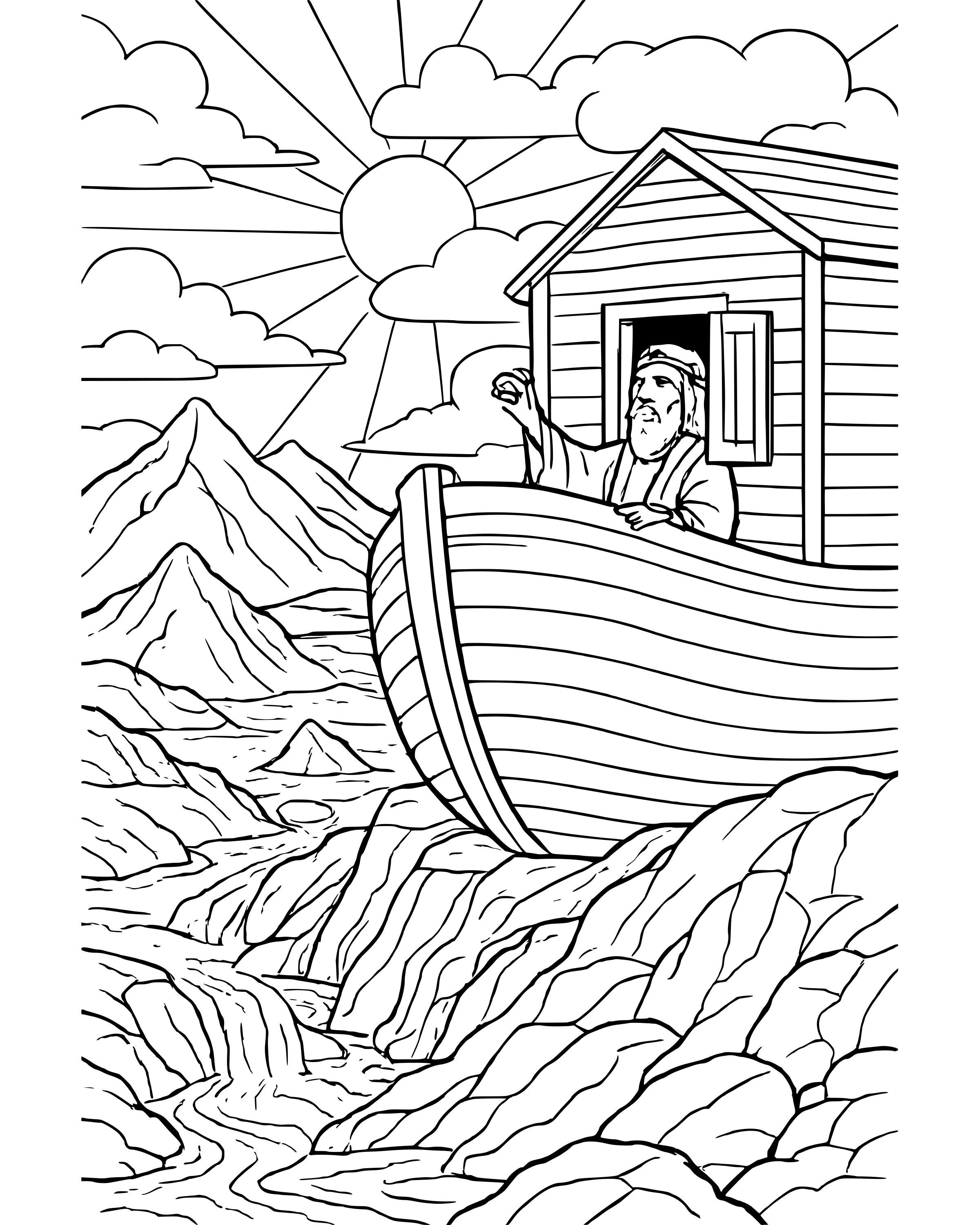 The Ark Rests on the Mountain – detailed printable coloring page for ages 8–12