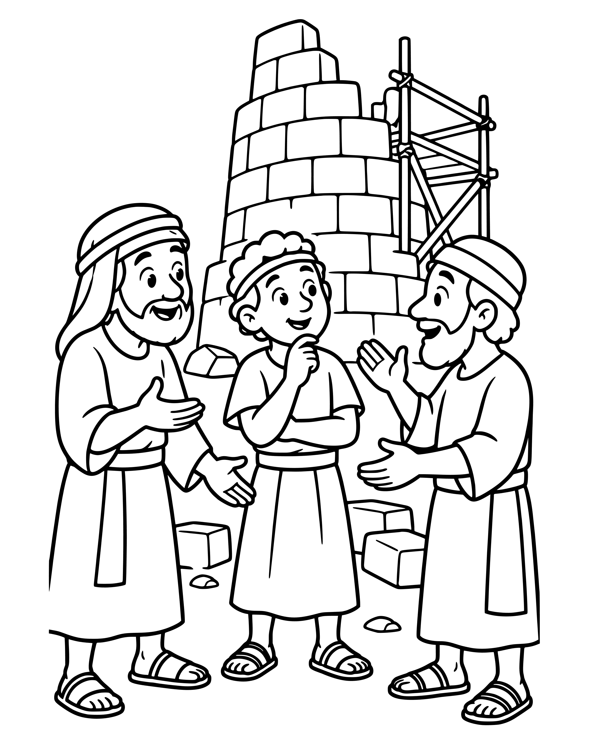 Many Languages at Babel, simple printable coloring page for ages 5–7