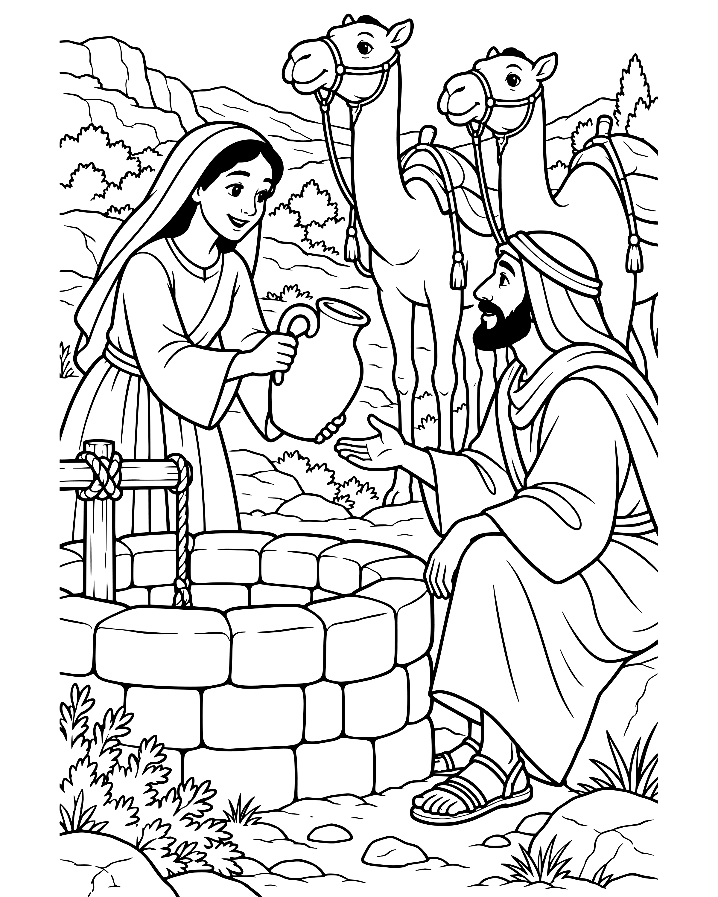 Detailed Rebekah at the Well coloring page