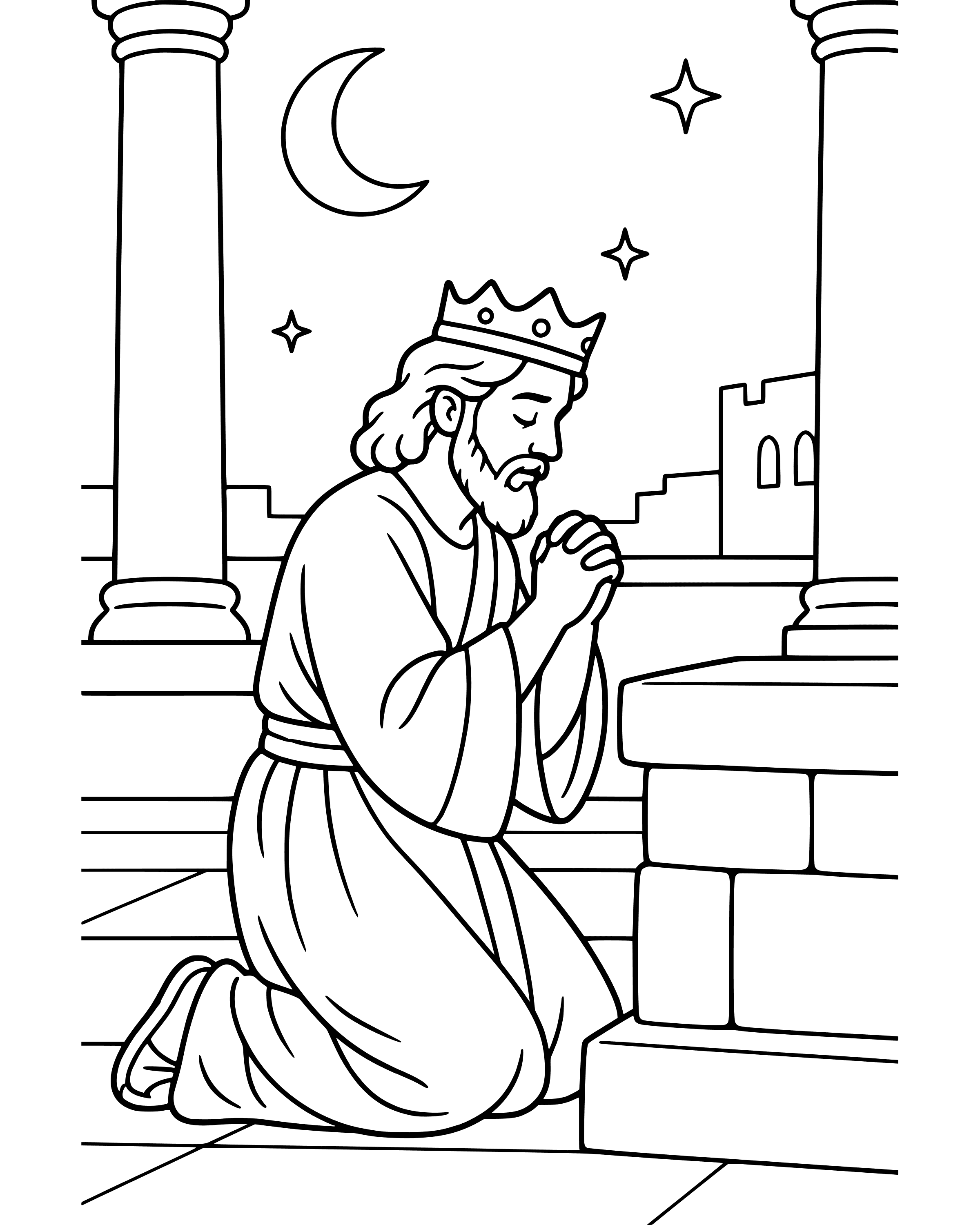Solomon Asks for Wisdom, simple printable coloring page for ages 5–7