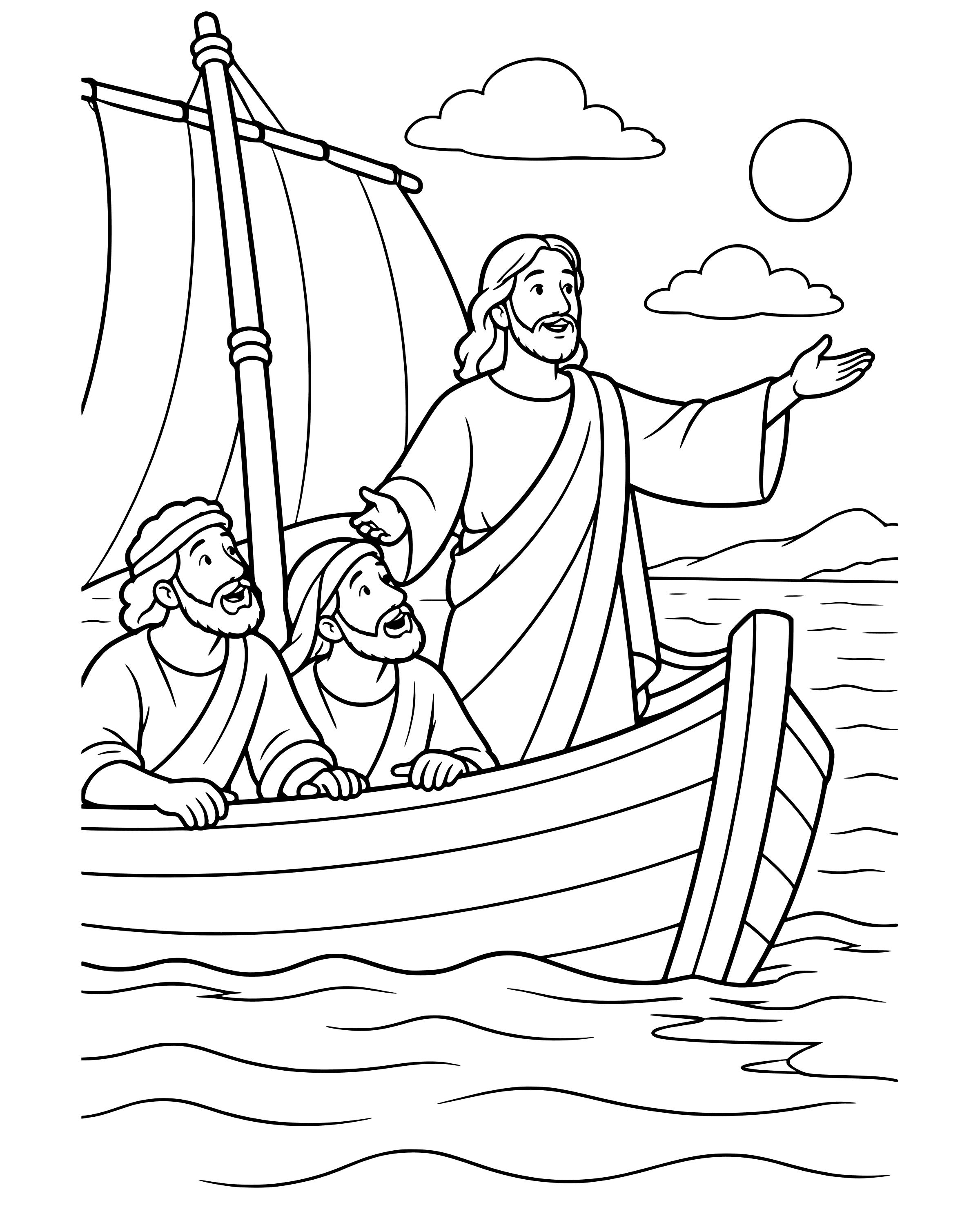 Jesus Calms the Storm, simple printable coloring page for ages 5–7