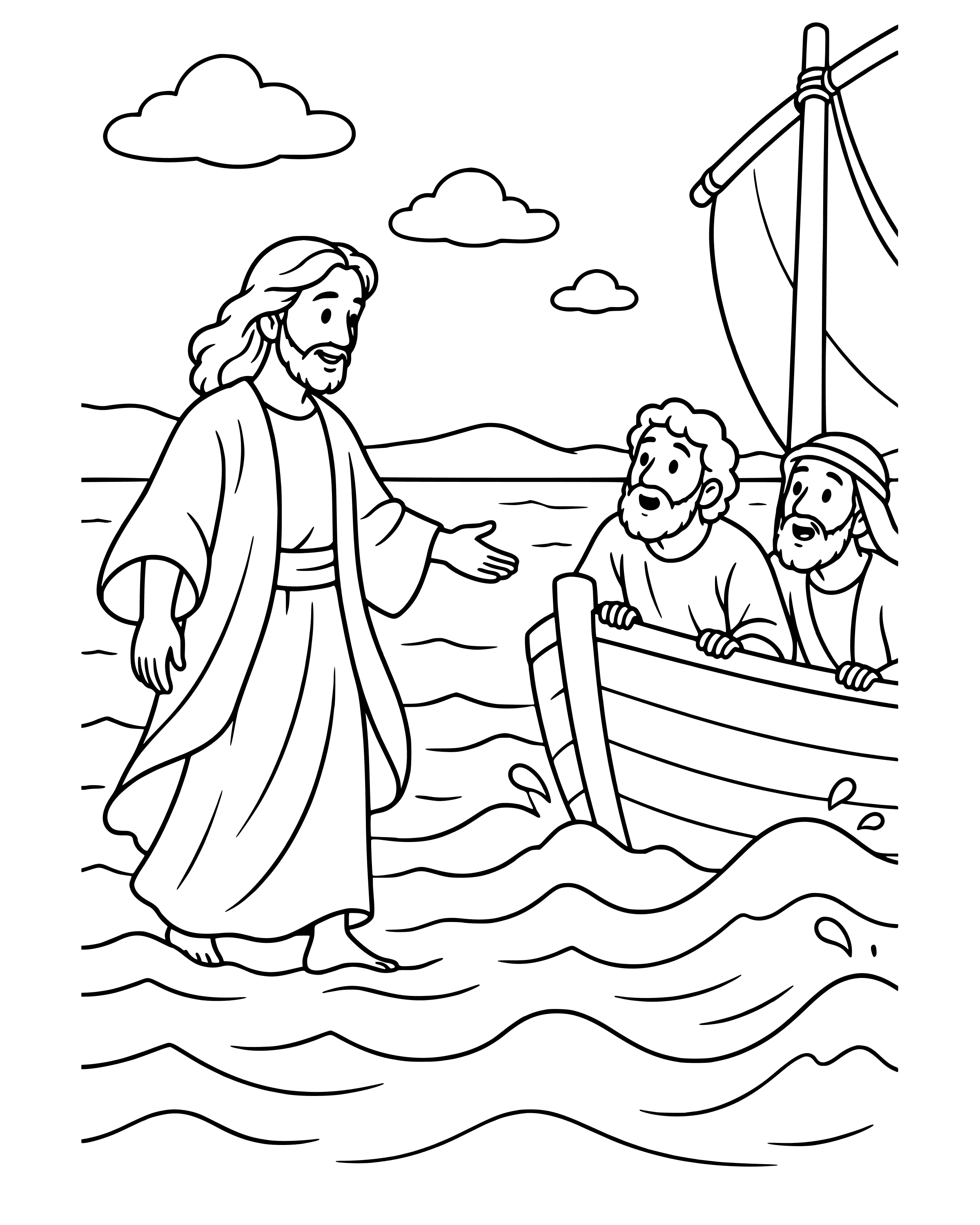 Jesus Walks on the Water, simple printable coloring page for ages 5–7