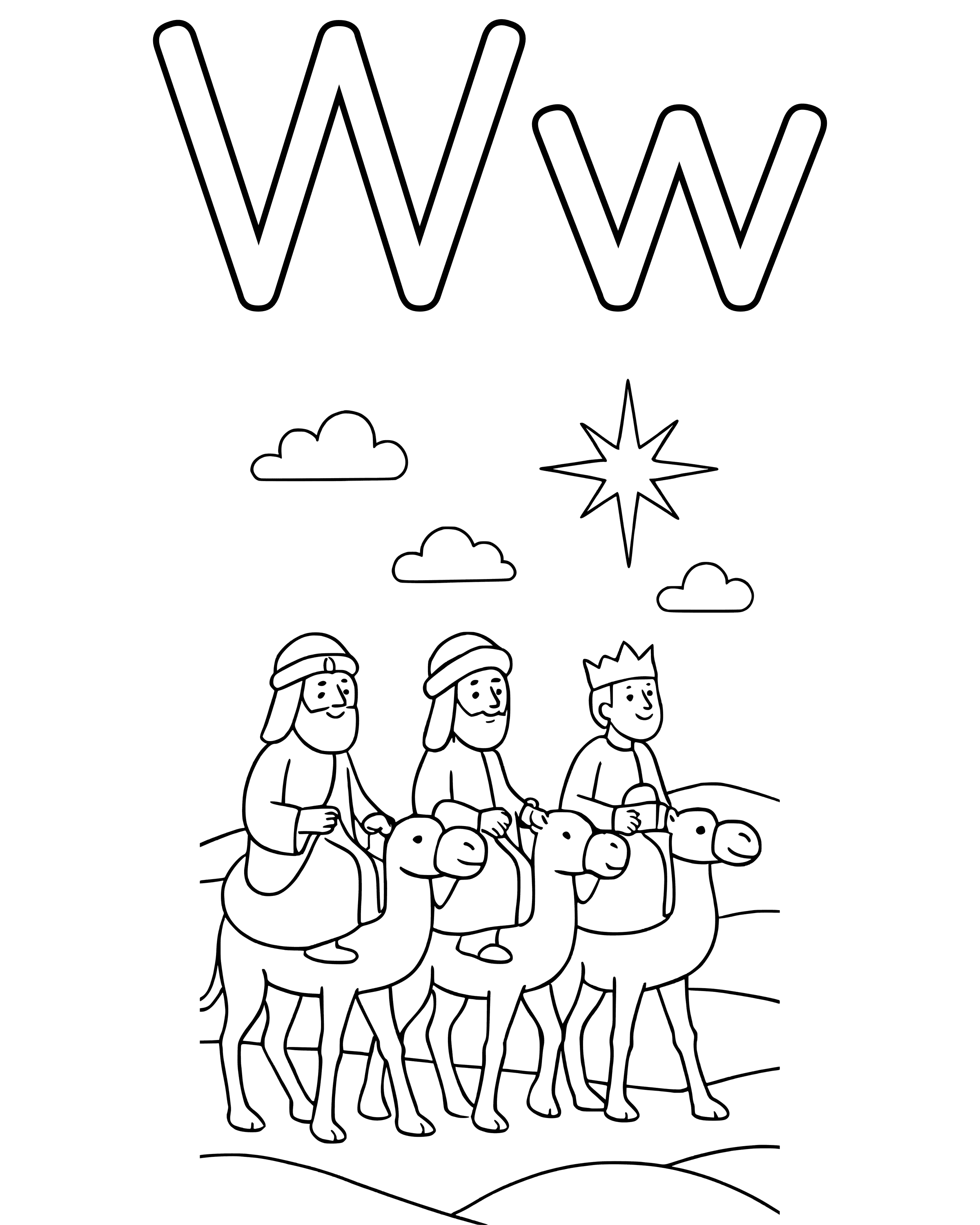 W Is for Wise Men – simple printable coloring page for ages 5–7