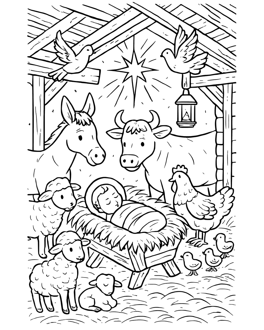 Detailed Animals Around the Manger coloring page