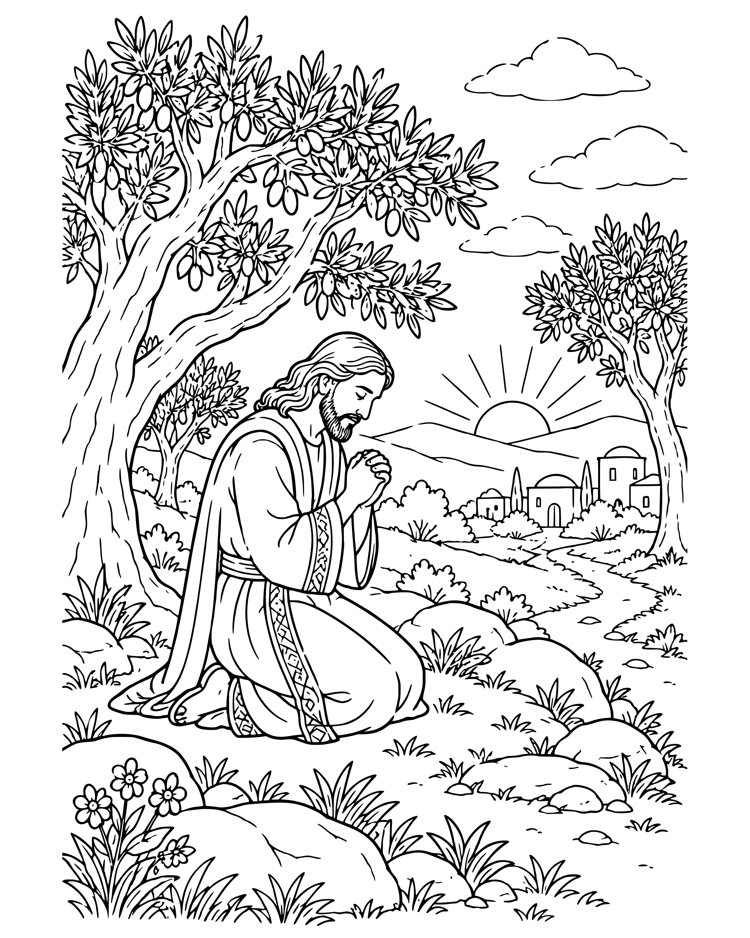 Detailed Jesus Prays Early in the Morning coloring page