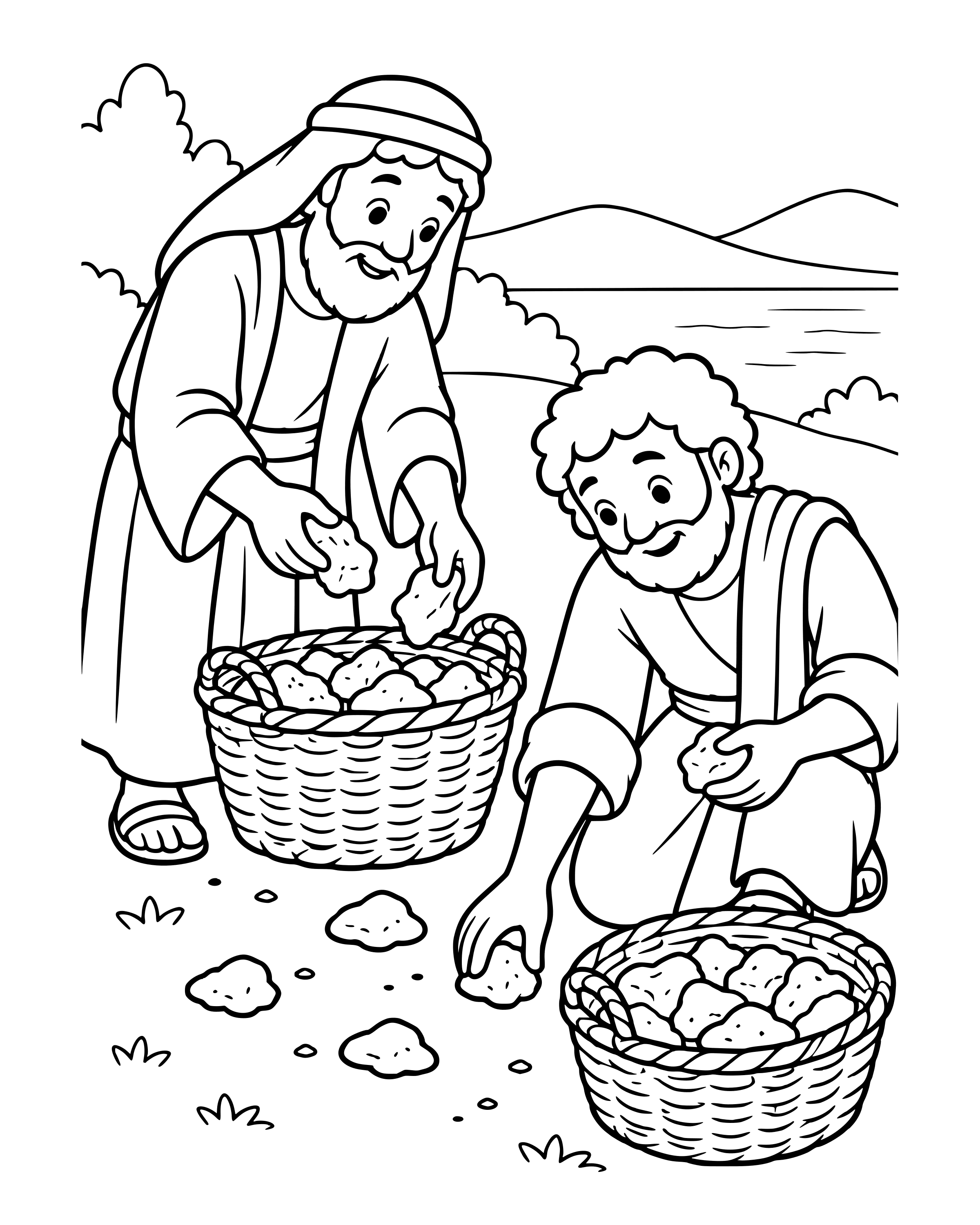 Twelve Baskets Left Over, simple printable coloring page for ages 5–7