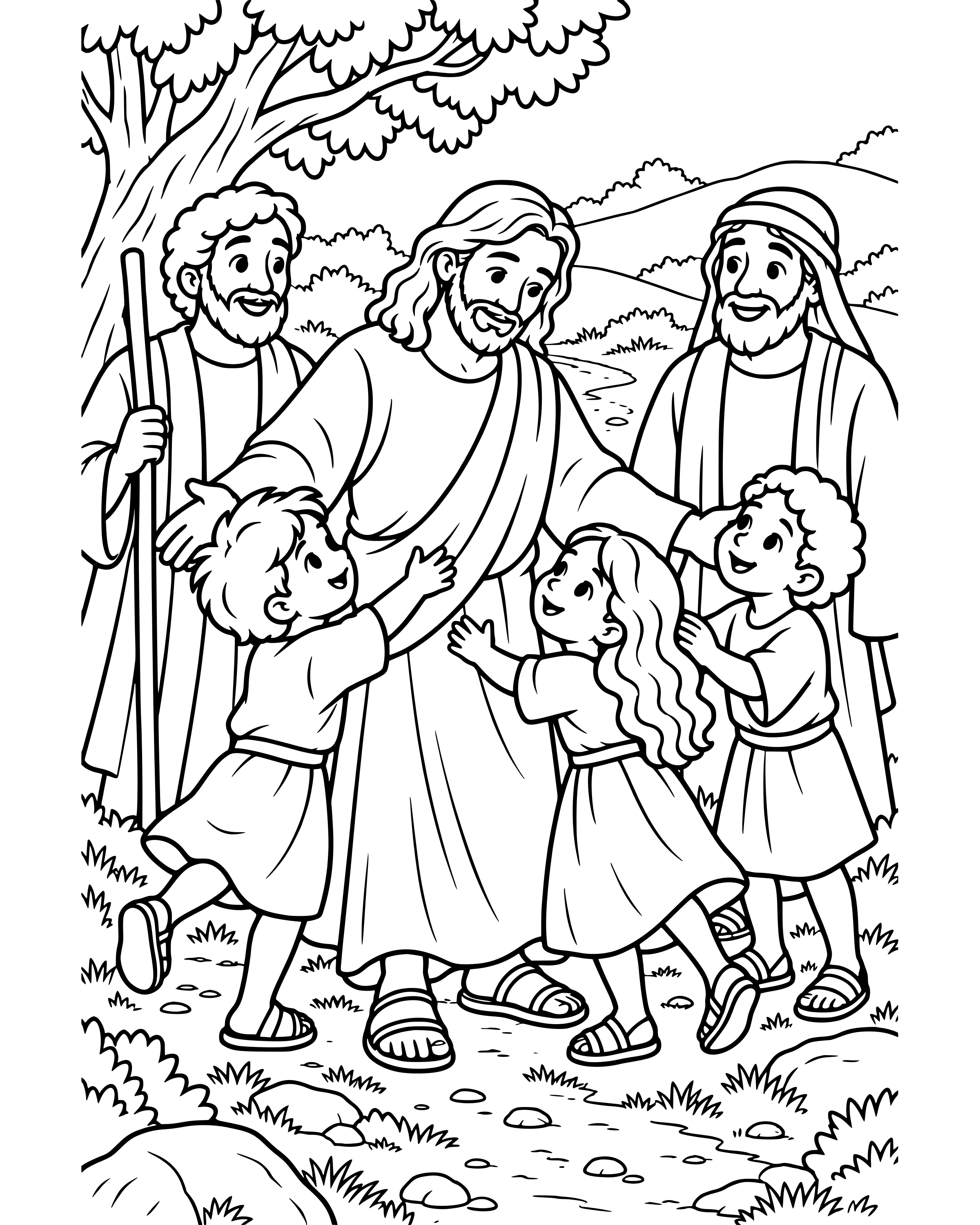 Detailed Let the Children Come to Me coloring page