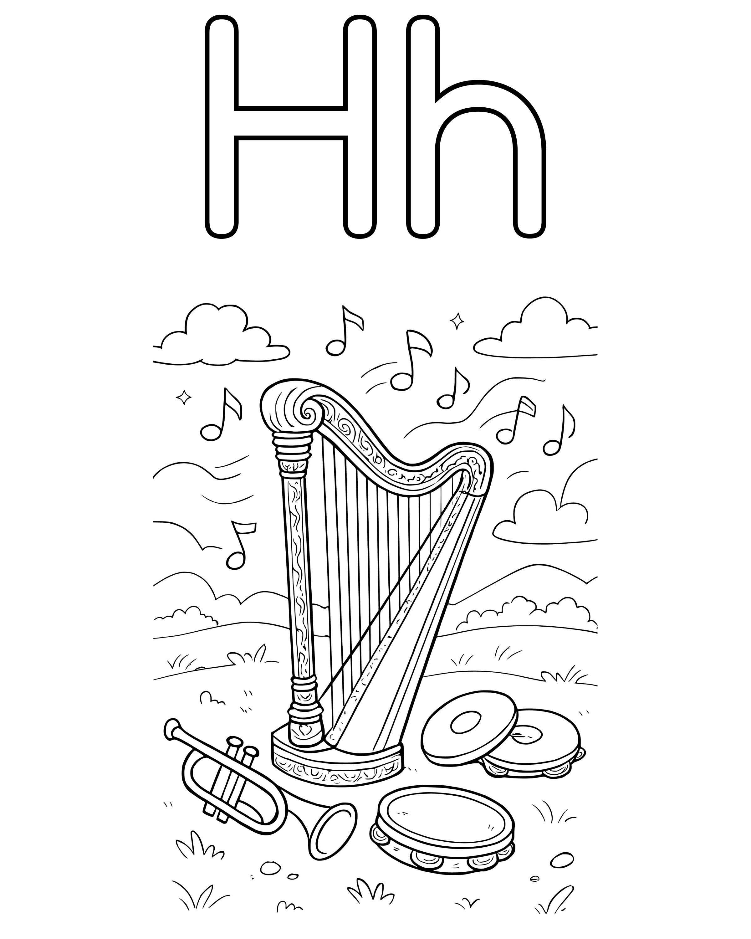 Detailed H Is for Harp coloring page